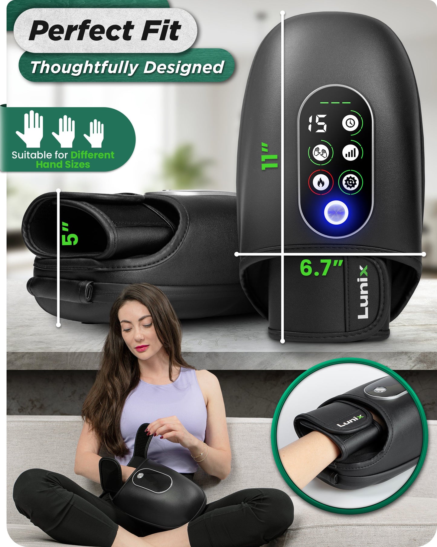 LX31 Rolling Hand Massager, Heat, Compression + Kneading, Smart Memory, Charcoal Black