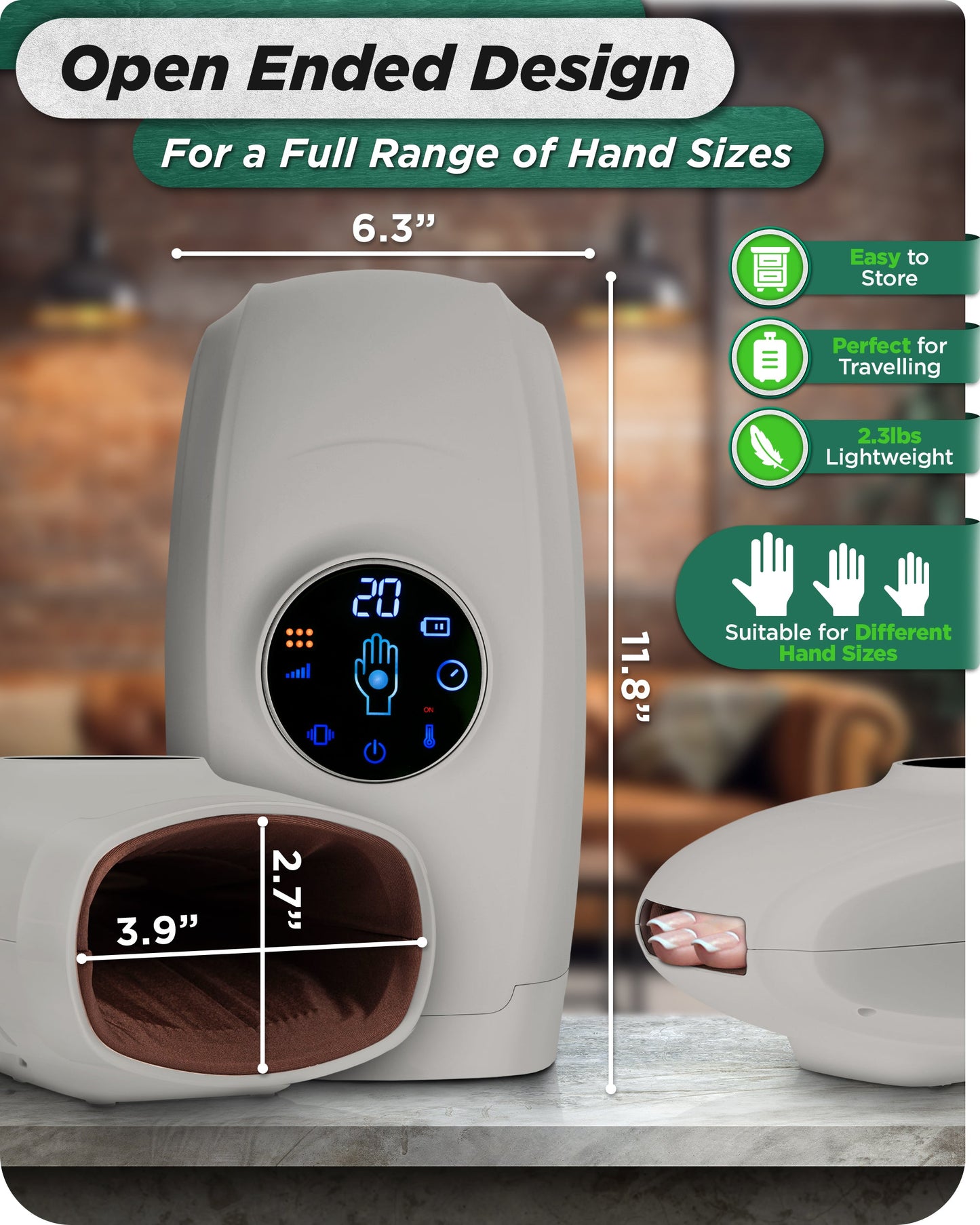 LX7 LCD Touchscreen Hand Massager, Heated Air Compression, Cloud Gray