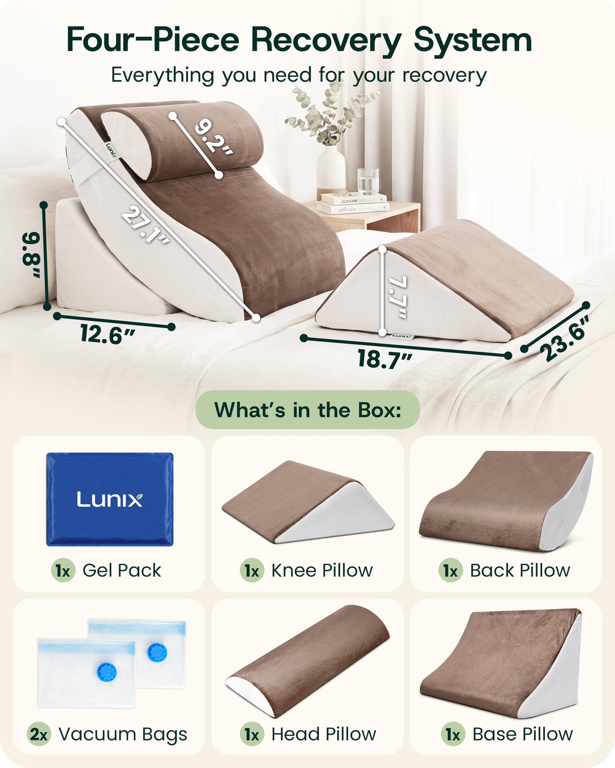 LX5 4-Piece Support for Shoulder & Upper Body Rest, Orthopedic Bed Wedge Pillow Set, Almond Brown
