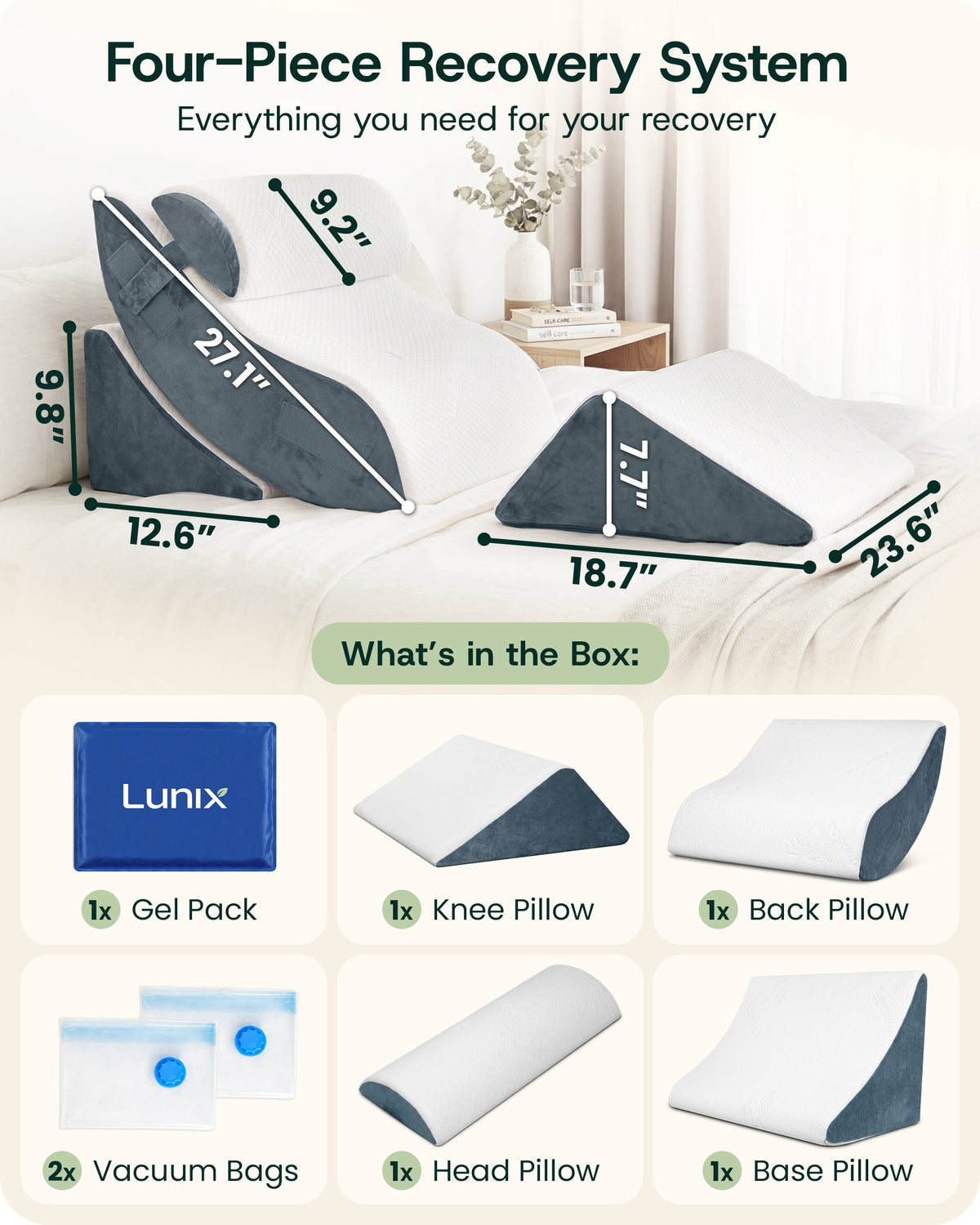 LX5 4-Piece Support for Shoulder & Upper Body Rest, Orthopedic Bed Wedge Pillow Set, Arctic Navy