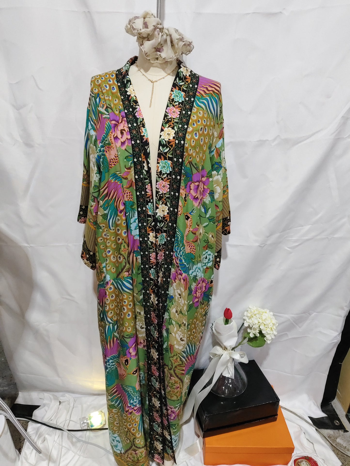 Bohemian Crane Print Kimono Dress Cotton Midi With Swing Skirt