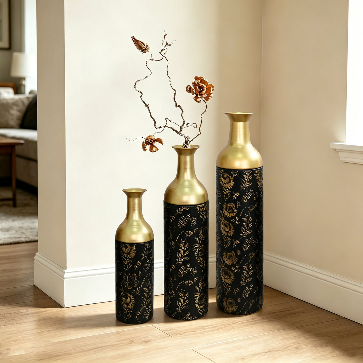 Decorative Metal Vases Set of 3, Leaf Pattern Floor Vases