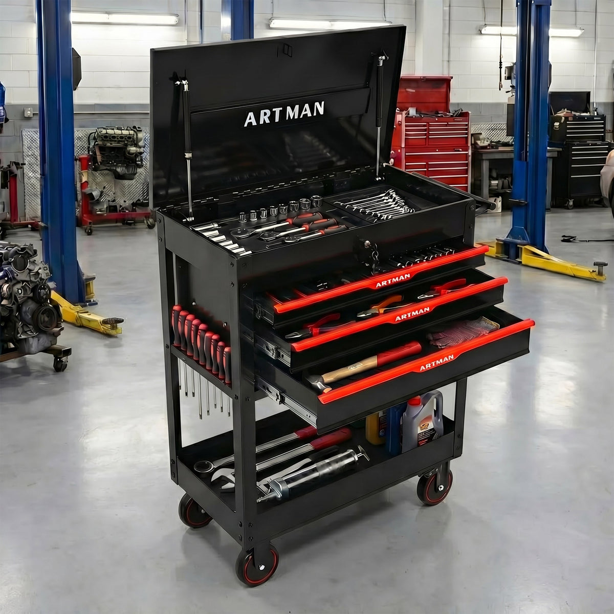 3 Drawers Multifunctional Tool Cart with Wheels and Steel Top