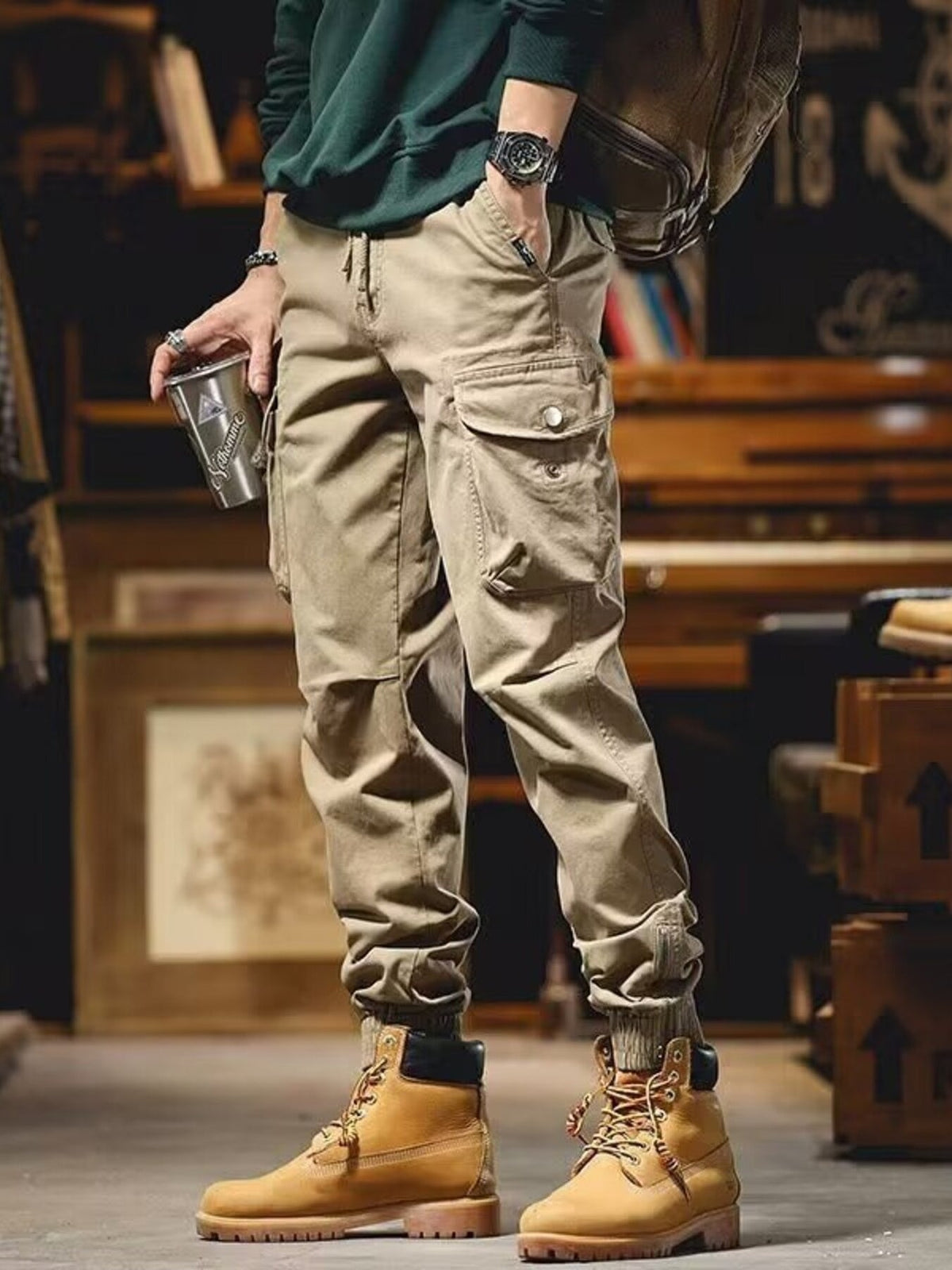 Men's Plus Size Casual Cargo Pants with Elastic Cuff