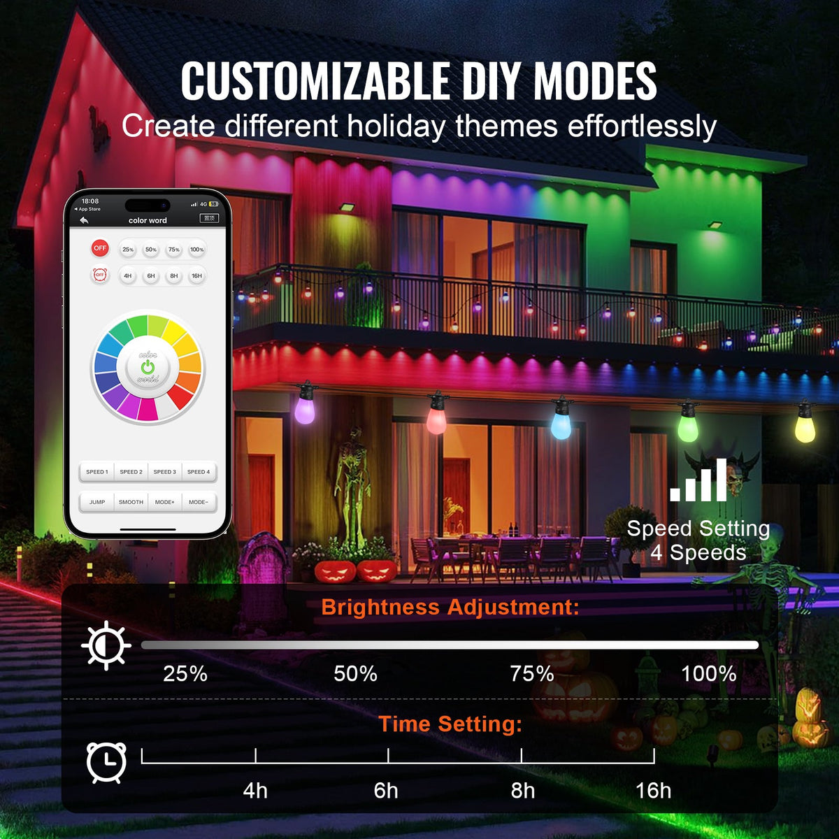 RGB Outdoor String Lights - 50FT Waterproof Patio Lights