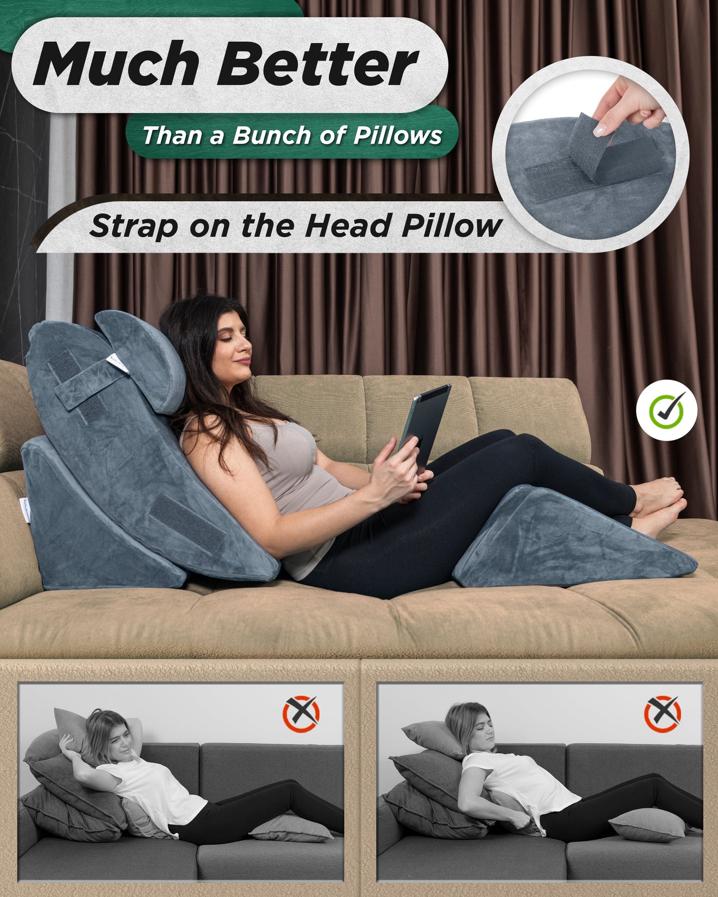 LX5 4-Piece Support for Shoulder & Upper Body Rest, Orthopedic Bed Wedge Pillow Set, Stone Navy