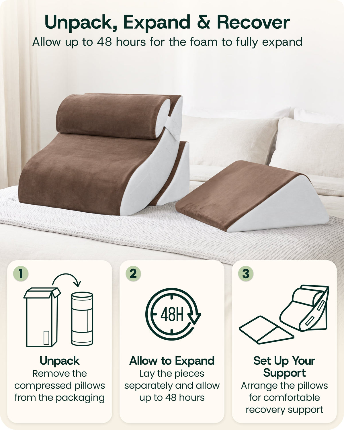 LX5 4-Piece Support for Shoulder & Upper Body Rest, Orthopedic Bed Wedge Pillow Set, Almond Brown