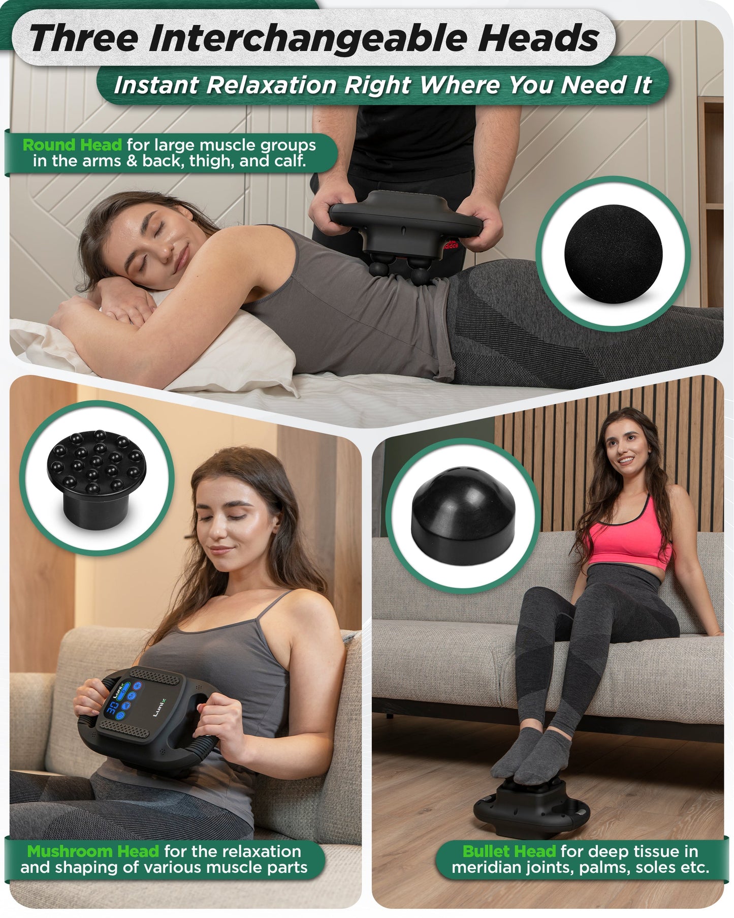 LX25 4 Head Percussion Massager with Infrared Light, Charcoal Black