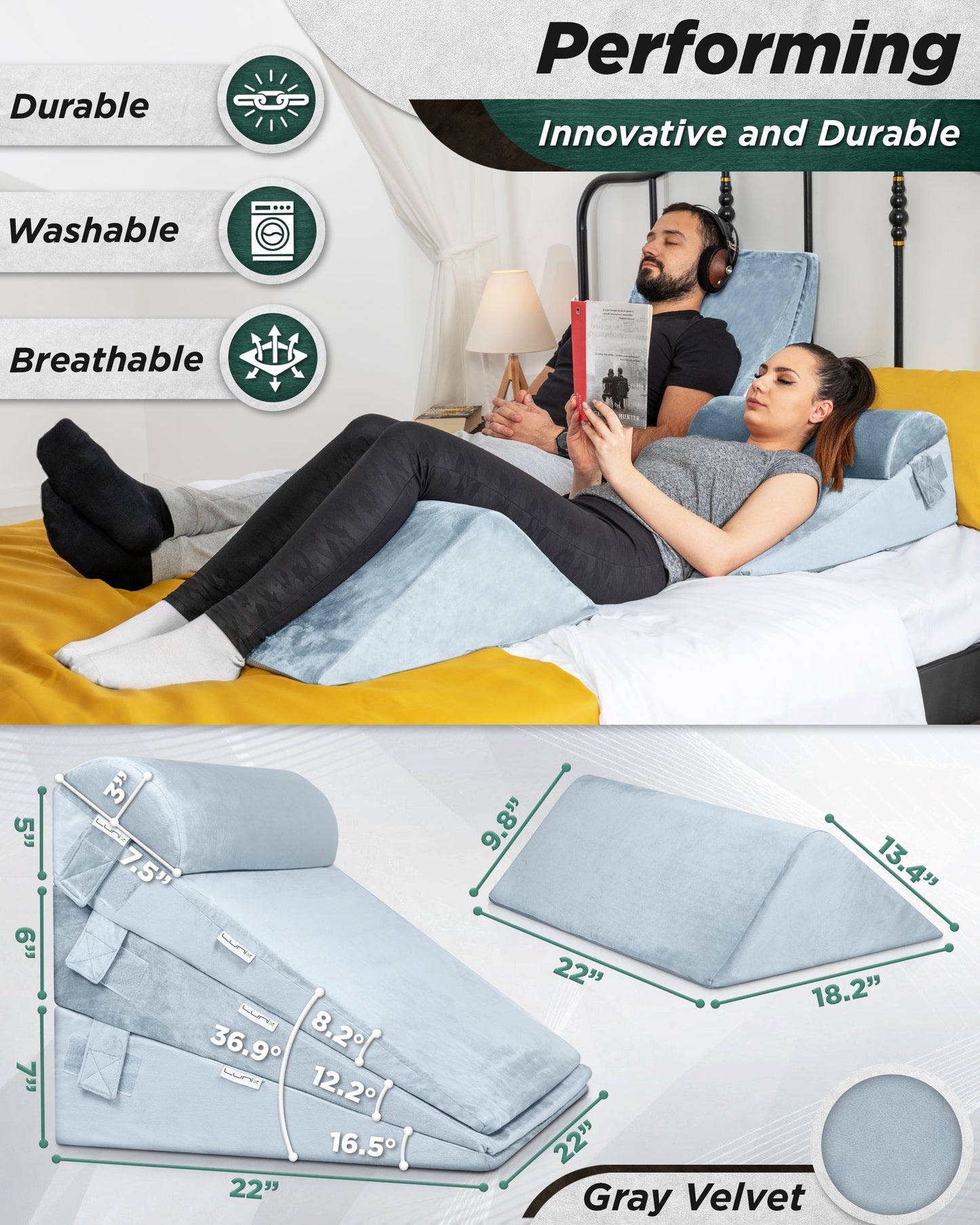 LX11 5-Piece Support for Abdominal Recovery & Lower Back Rest, Wedge Pillow Set, Cloud Gray