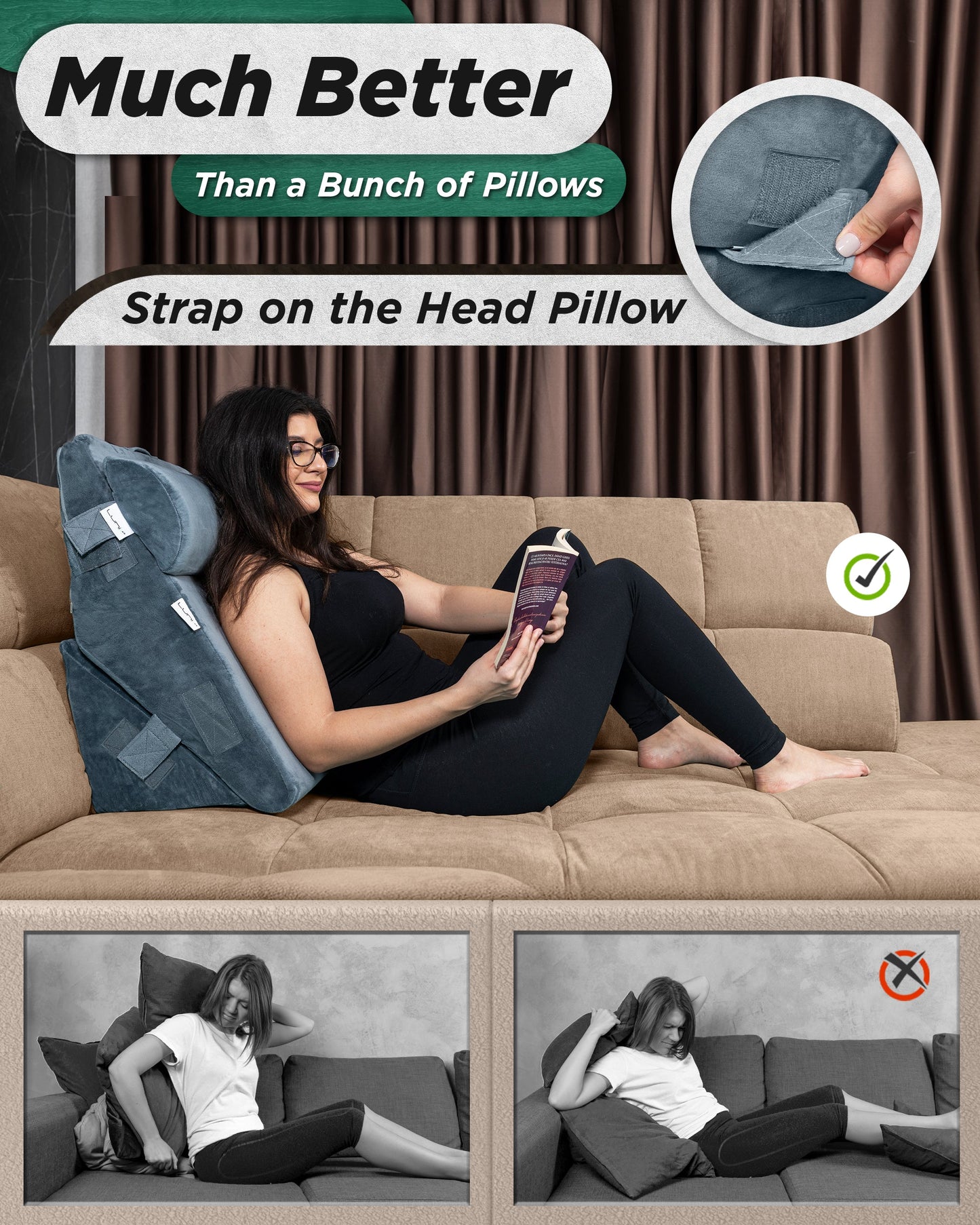 LX6 3-Piece Compact Support for Reading, Rest & Leg Elevation, Wedge Pillow Set, Stone Navy