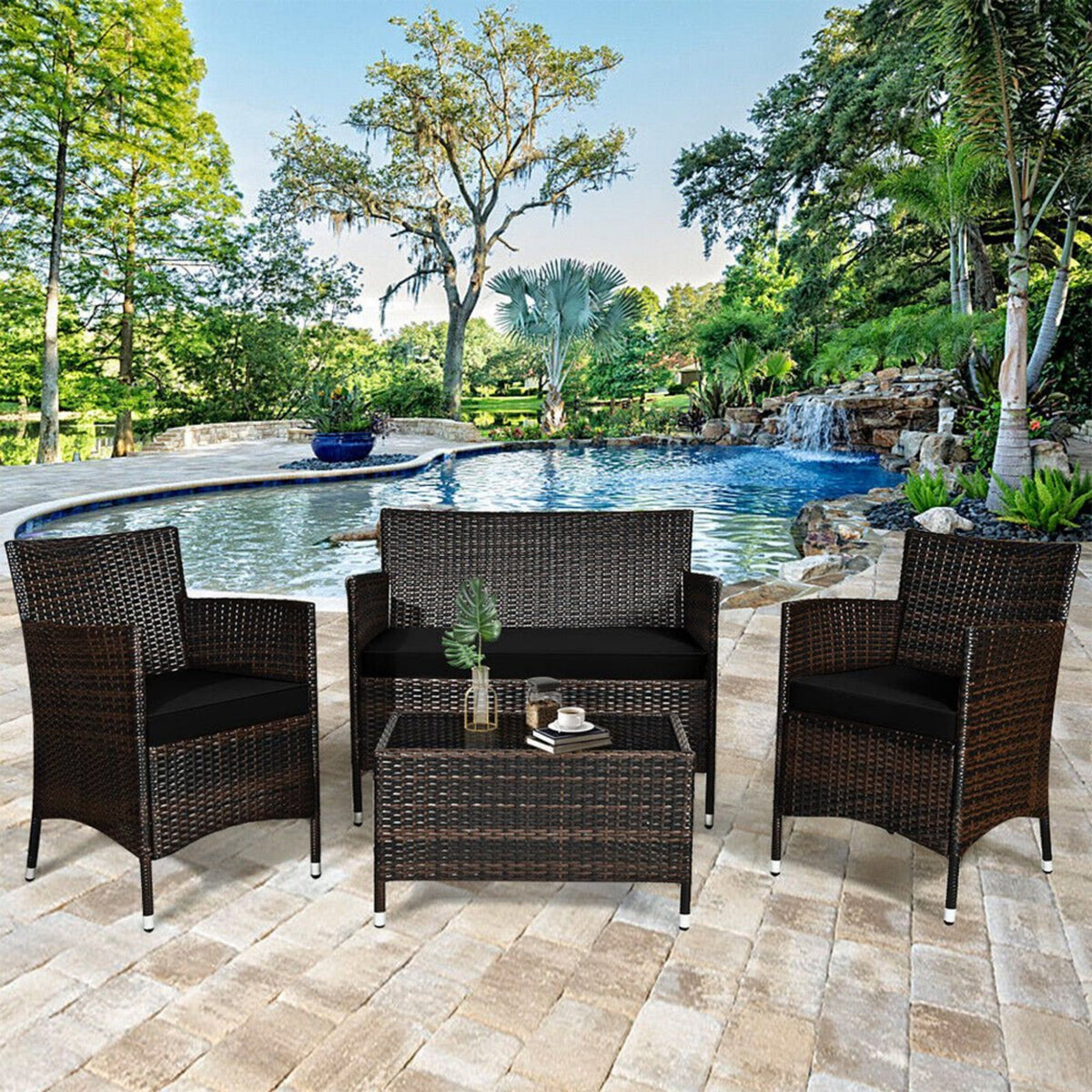 4-Piece Outdoor Rattan Patio Furniture Set With Cushions & Coffee Table (SAK75463)