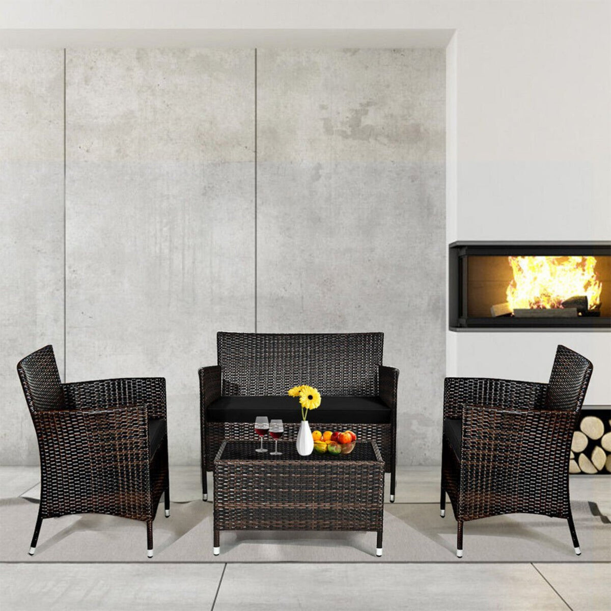 4-Piece Outdoor Rattan Patio Furniture Set With Cushions & Coffee Table (SAK75463)