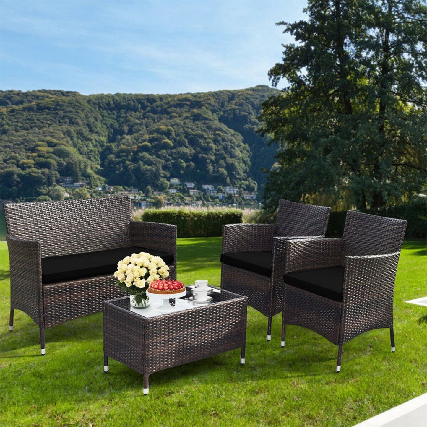 4-Piece Outdoor Rattan Patio Furniture Set With Cushions & Coffee Table (SAK75463)