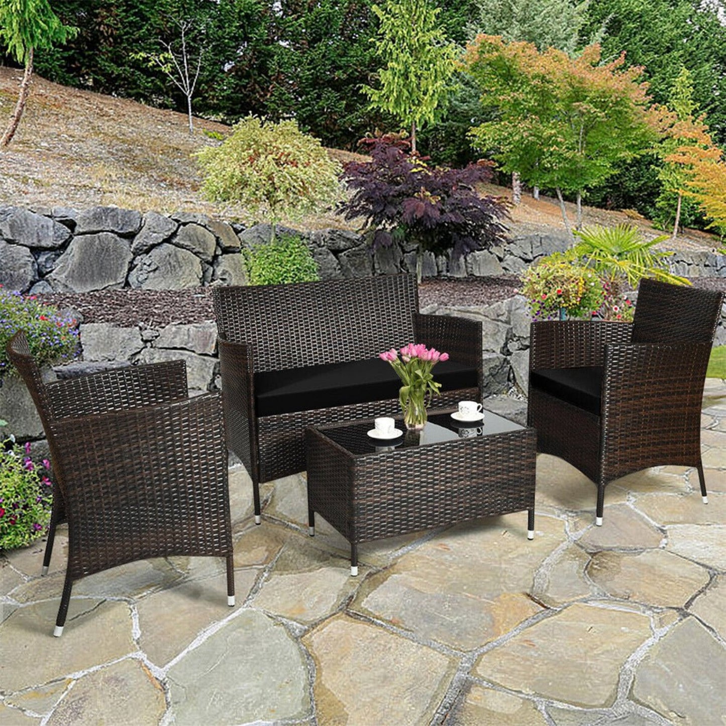 4-Piece Outdoor Rattan Patio Furniture Set With Cushions & Coffee Table (SAK75463)