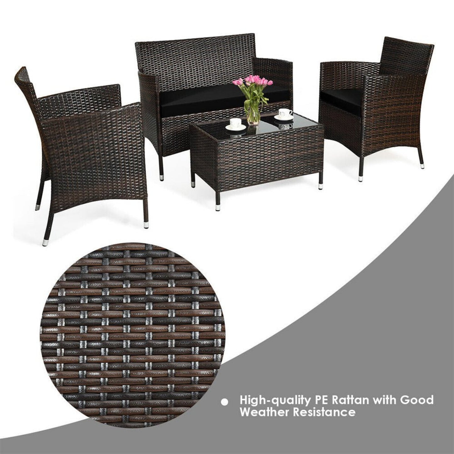4-Piece Outdoor Rattan Patio Furniture Set With Cushions & Coffee Table (SAK75463)