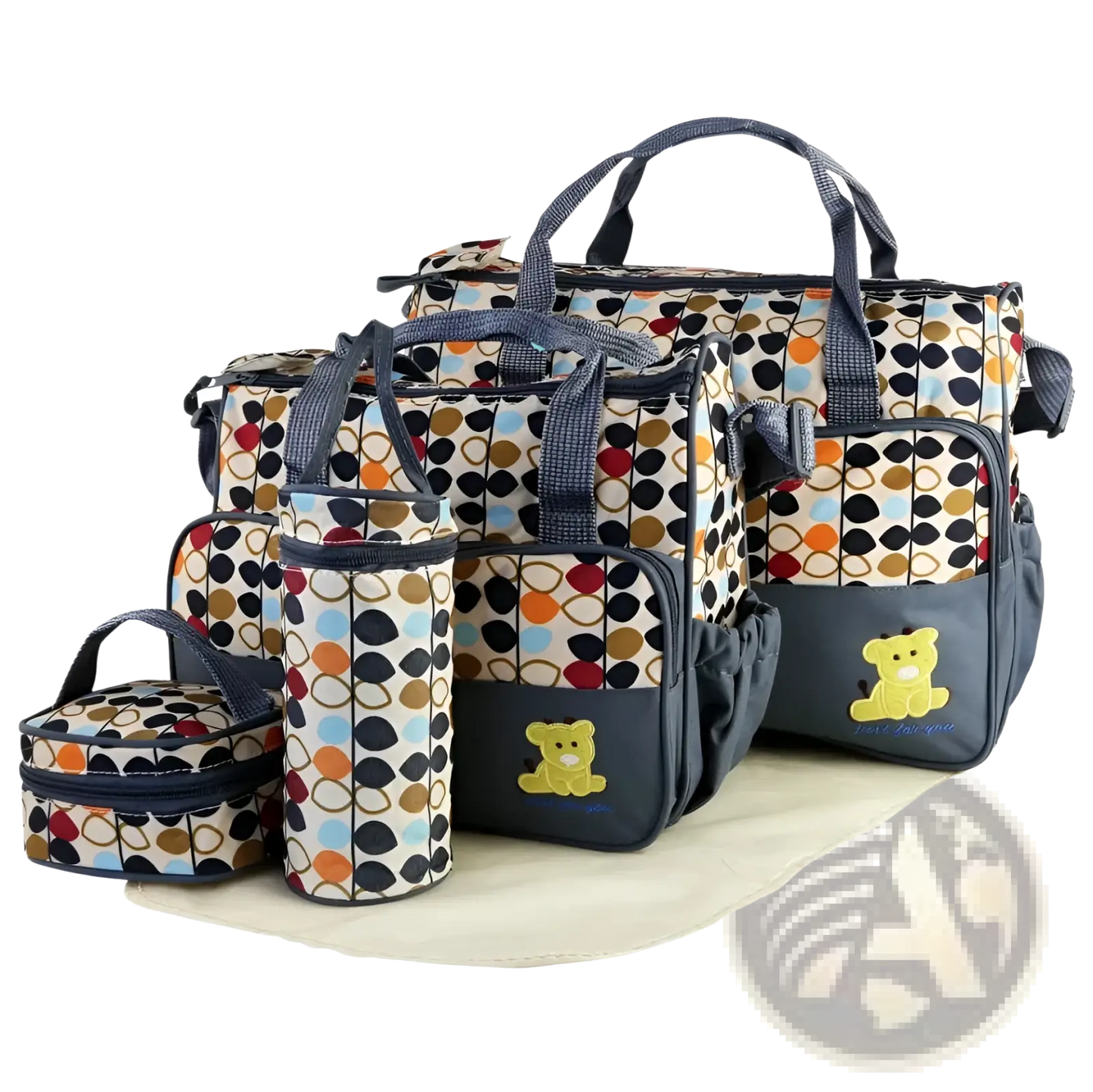 5 Piece Bear Appliqué Baby Diaper Travel Bag Set