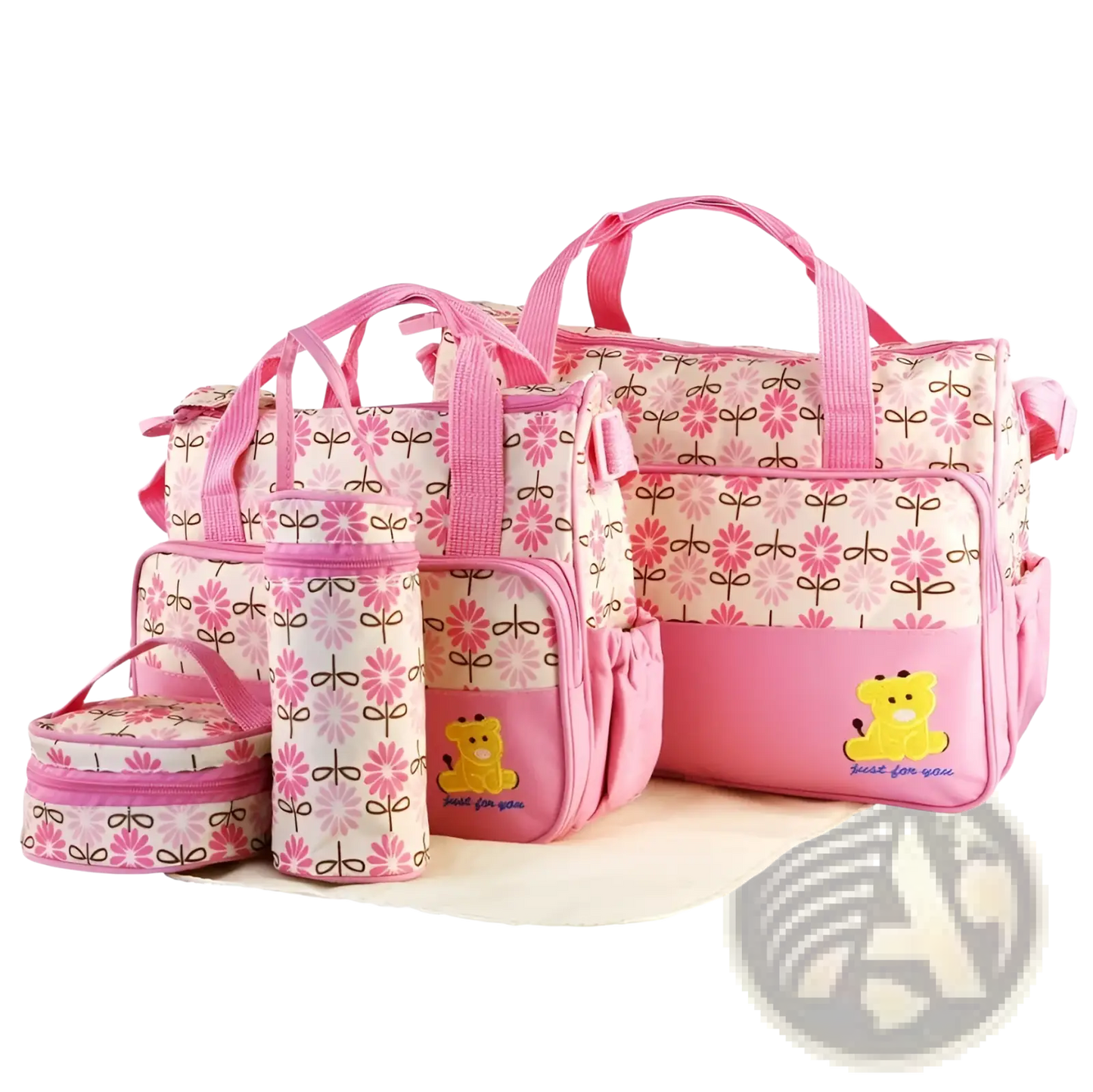 5 Piece Bear Appliqué Baby Diaper Travel Bag Set