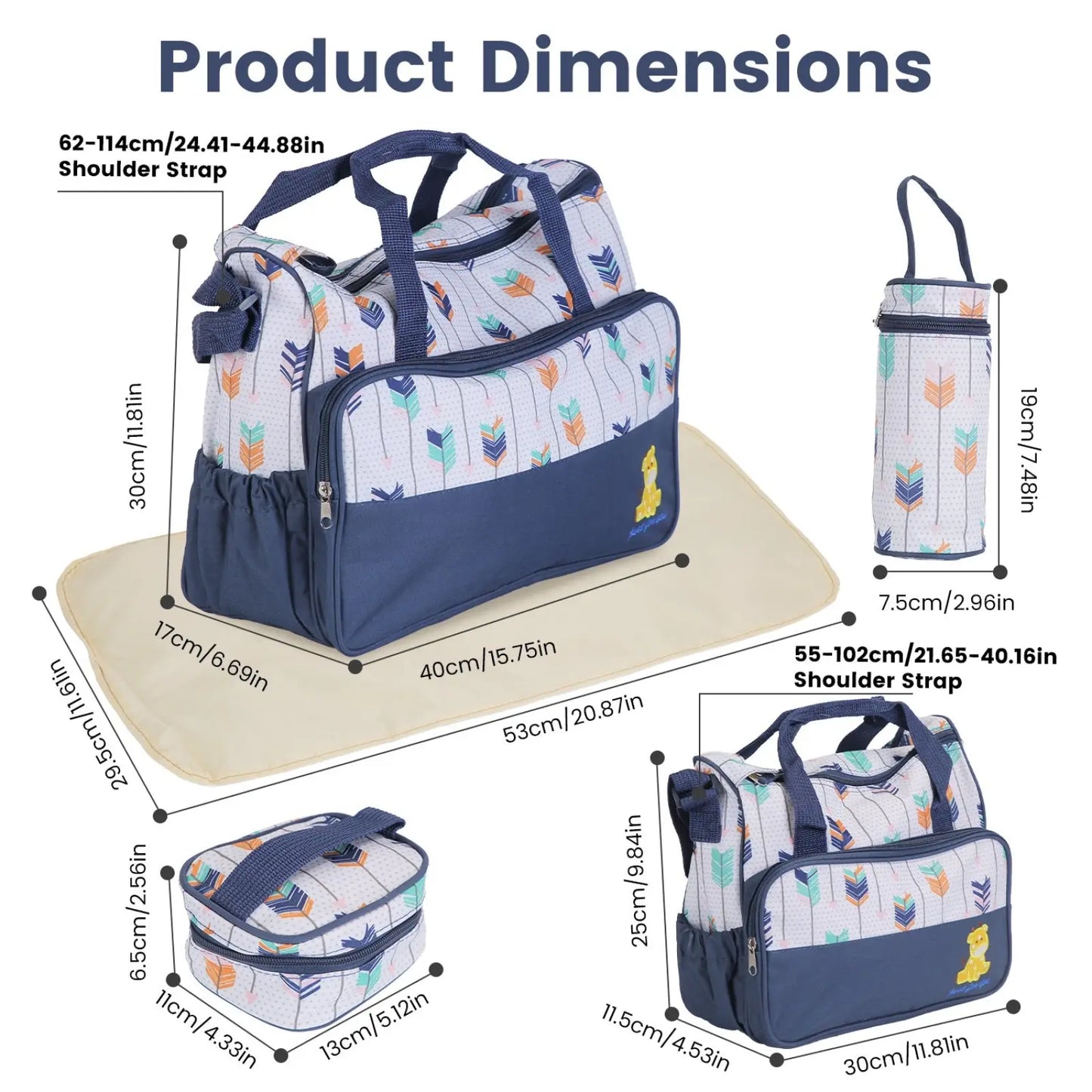 5 Piece Patterned Baby Diaper Bag Set with Travel Accessories