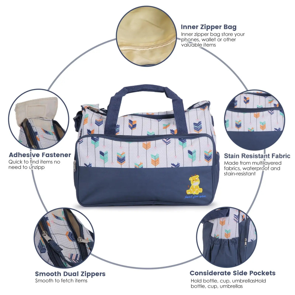 5 Piece Patterned Baby Diaper Bag Set with Travel Accessories