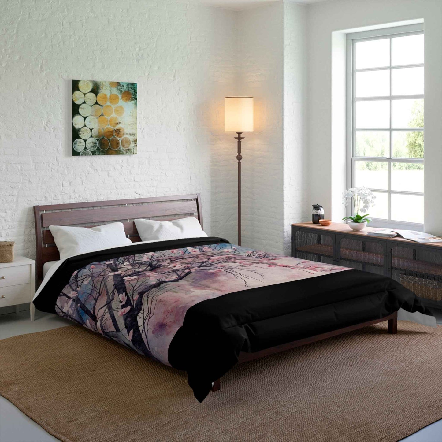 Cherry Blossom Comforter Lightweight Pink Watercolor Tree Bedding Microfiber
