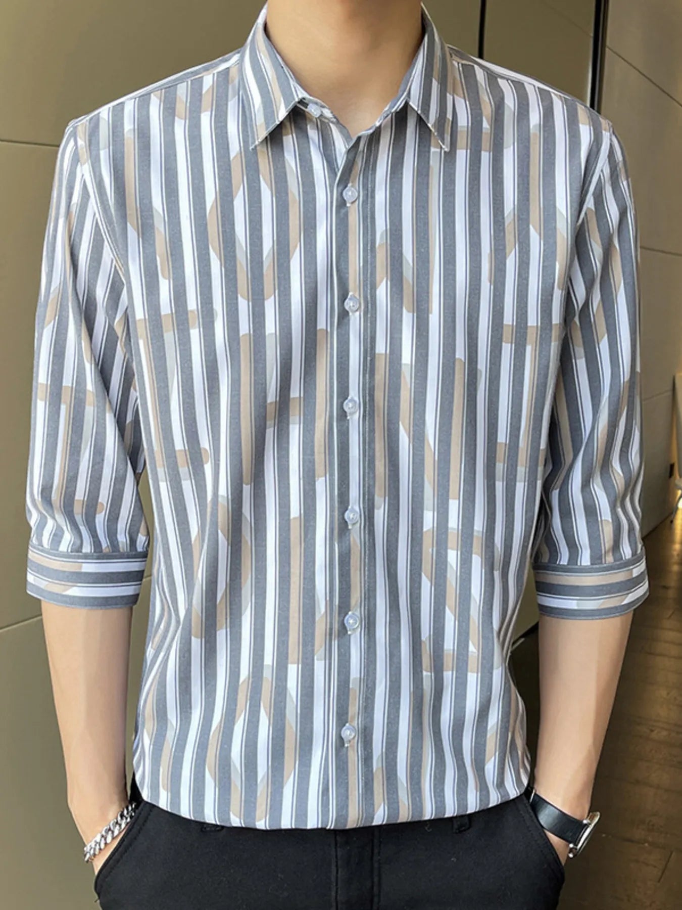 Men's Plus Size Striped Pattern Slim Fit Shirt