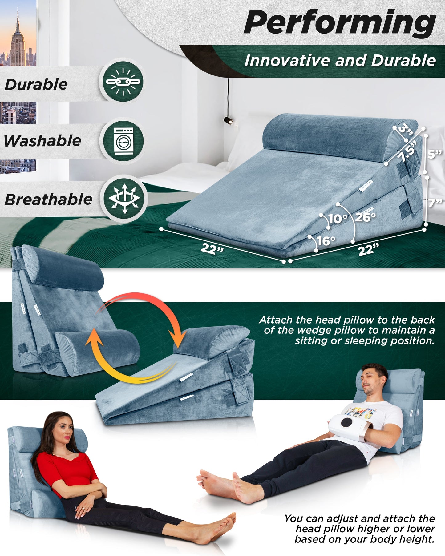 LX8 4-Piece Support for Nighttime Digestive Discomfort & Easier Breathing, Wedge Pillow Set, Cloud Gray