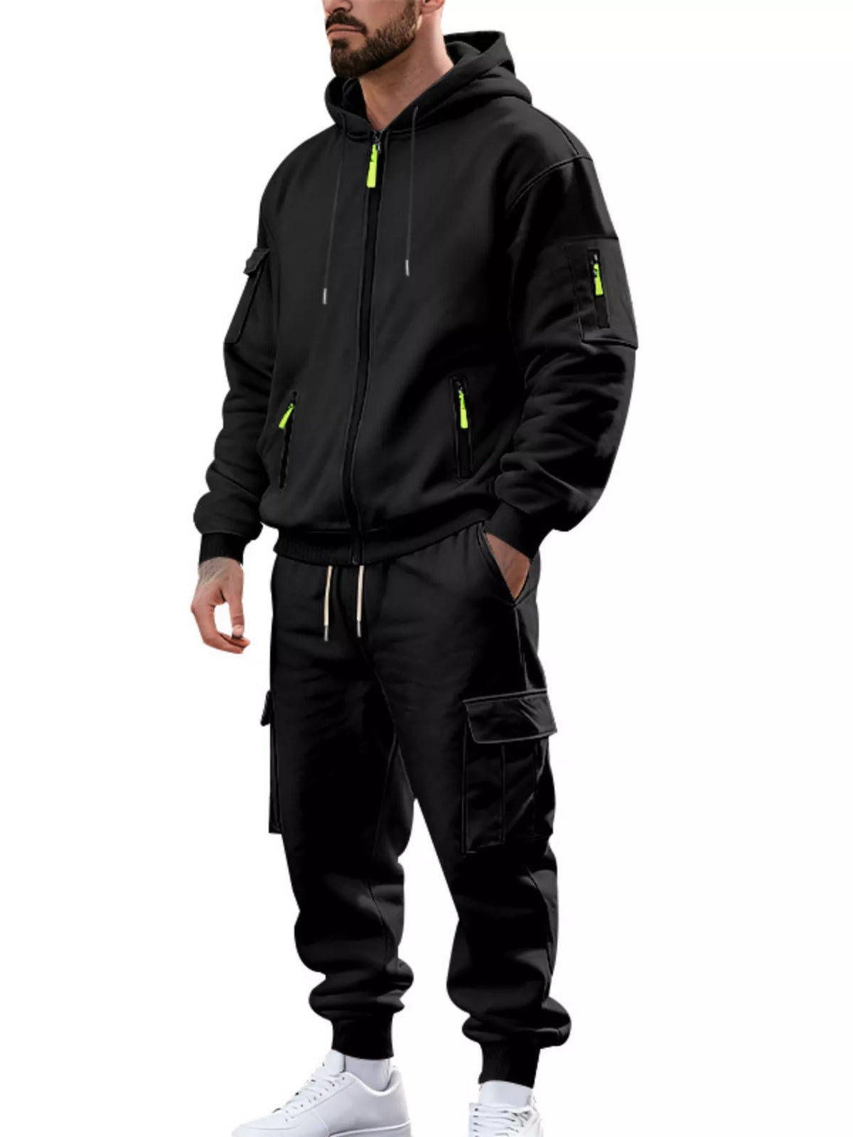 Men's Plus Size Casual Zip-Up Hoodie and Cargo Pants Set