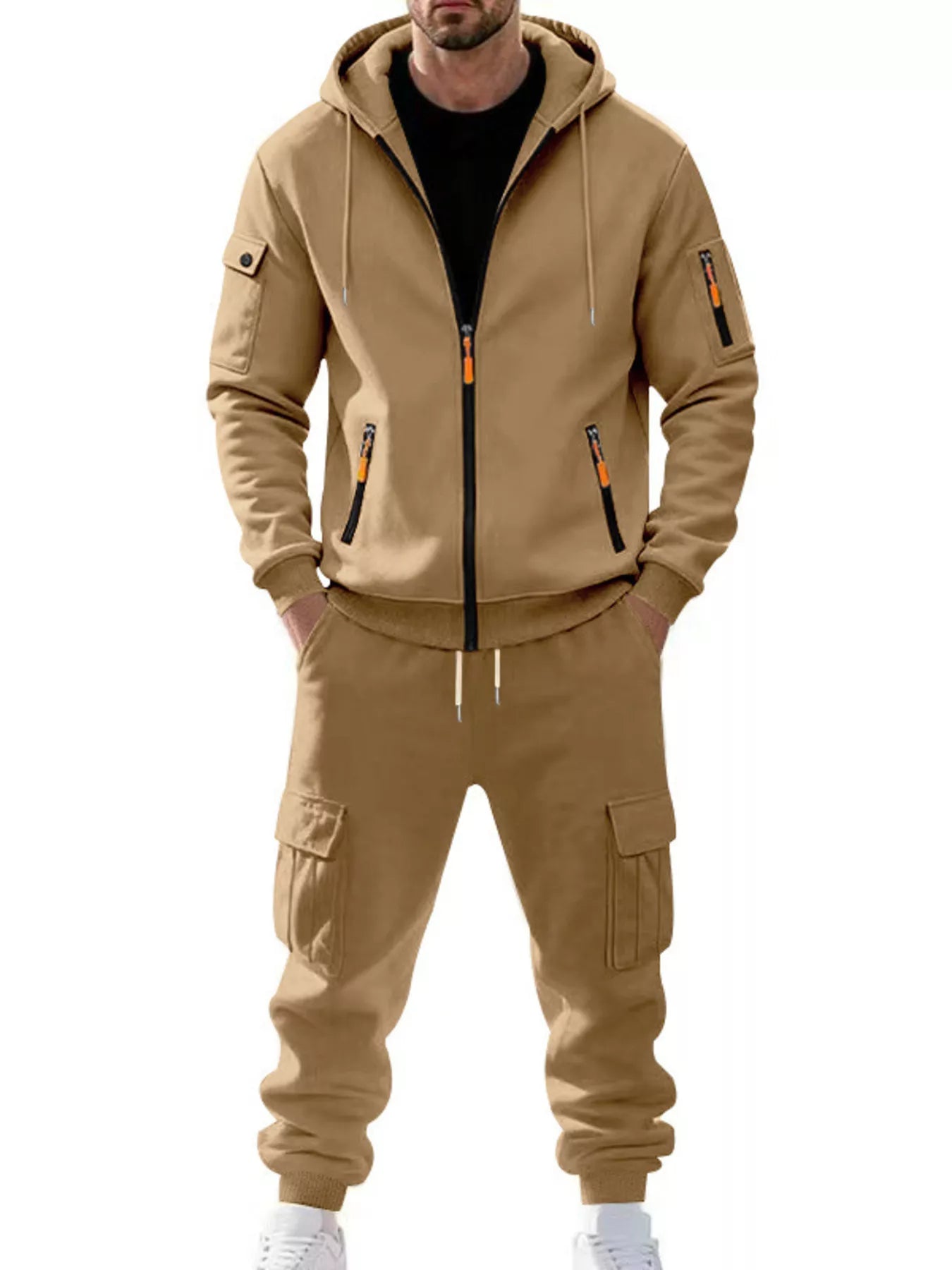 Men's Plus Size Casual Zip-Up Hoodie and Cargo Pants Set