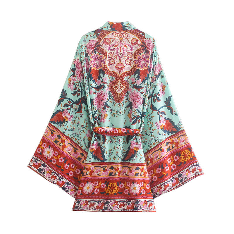 Bohemian Short Waist Belt Totem Kimono For Women Cotton Fresh Breeze