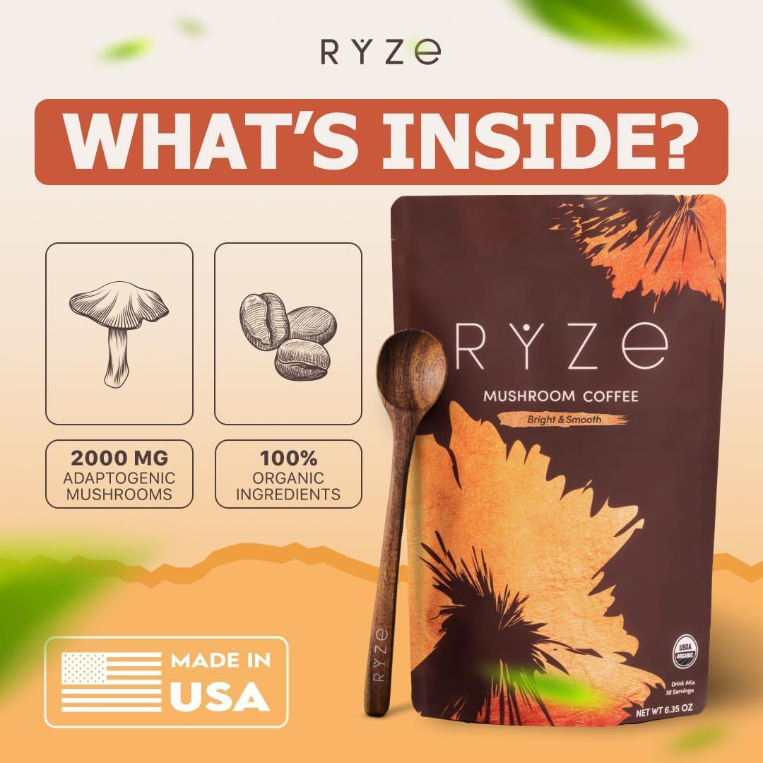 RYZE SUPERFOODS Mushroom Medium Roast Coffee Starter Kit, USDA Organic Instant Coffee with 6 Adaptogenic Mushrooms and for Energy, Focus, Digestion, Immunity with Lions Mane & Turkey Tail 30 Serving