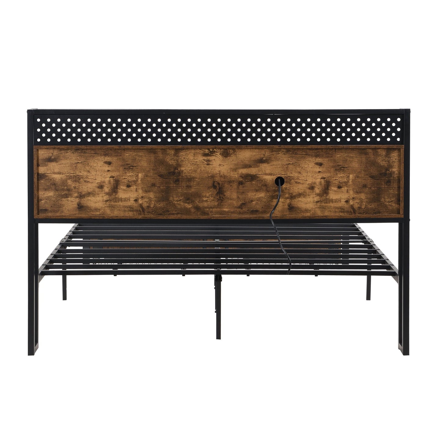 Modern Metal Platform Bed Frame With Wooden Headboard, USB Charging Station, Storage Drawers