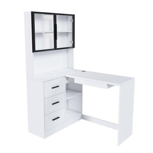 L-Shaped Computer Desk With Glass Cabinets, Built In LED Lights, USB Charging Ports