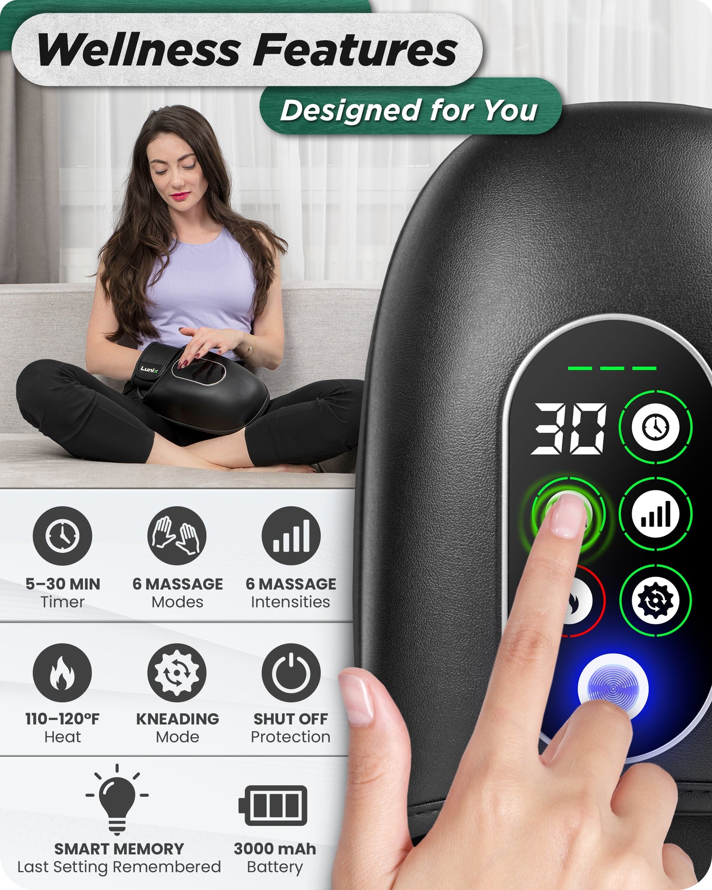 LX31 Rolling Hand Massager, Heat, Compression + Kneading, Smart Memory, Charcoal Black