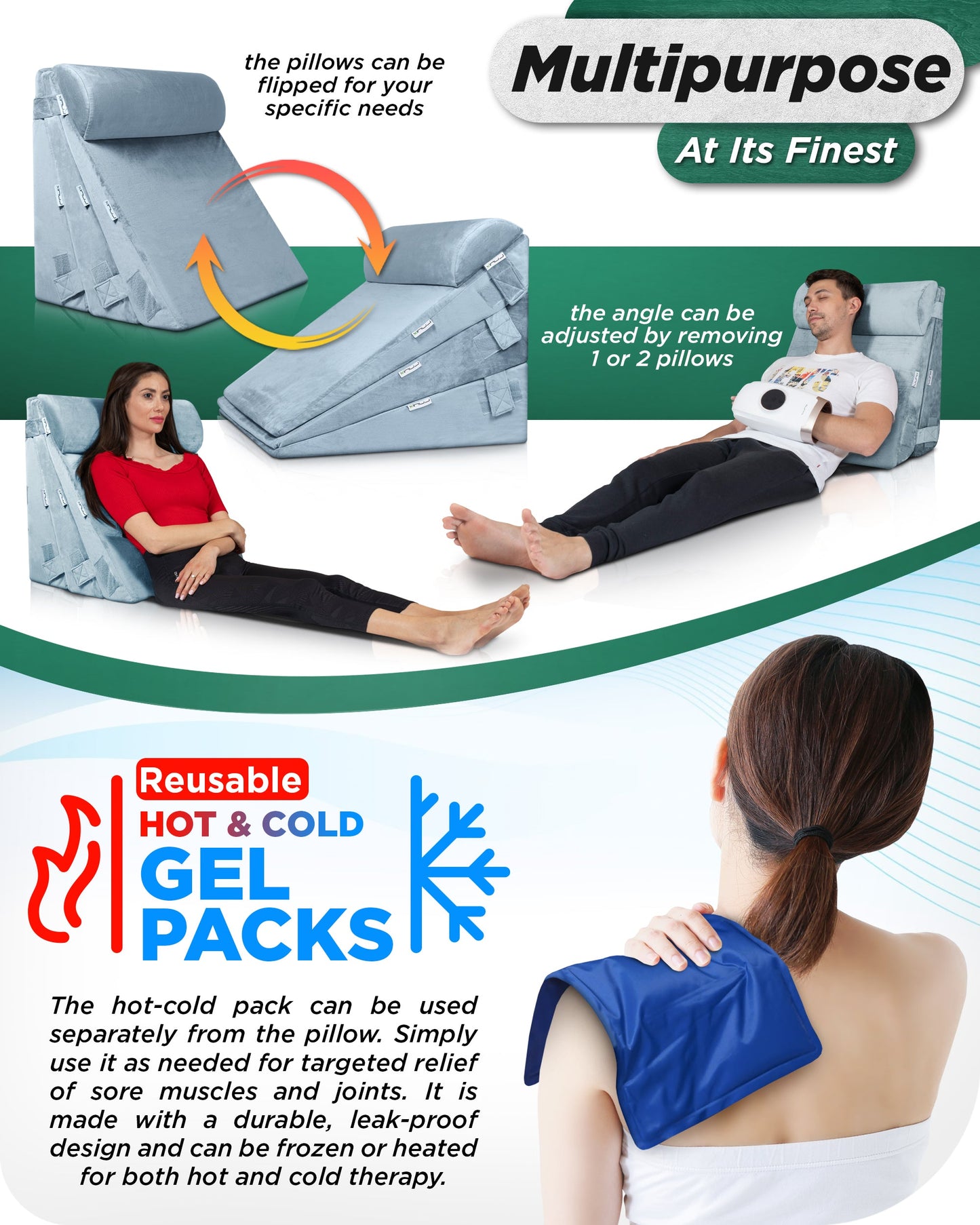 LX11 5-Piece Support for Abdominal Recovery & Lower Back Rest, Wedge Pillow Set, Cloud Gray