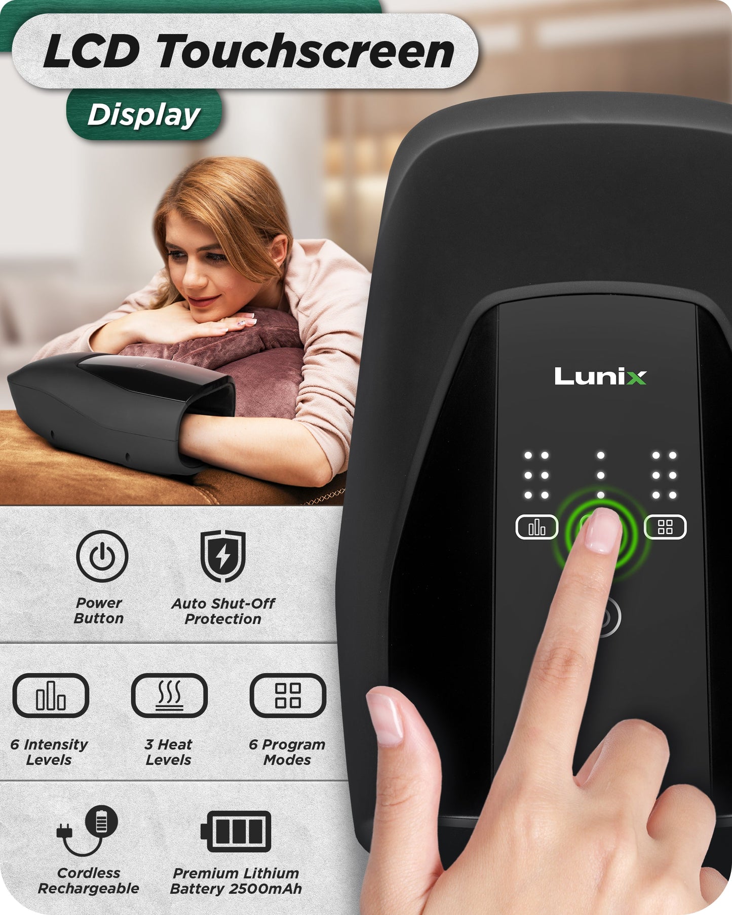 LX29 Hand Massager with Heat & Air Compression, Charcoal Black