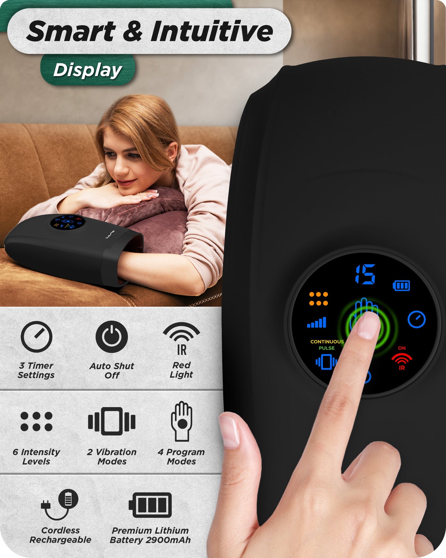Lunix LX37 Hand Massager, Touchscreen Red Light Therapy for Hands, Charcoal Black