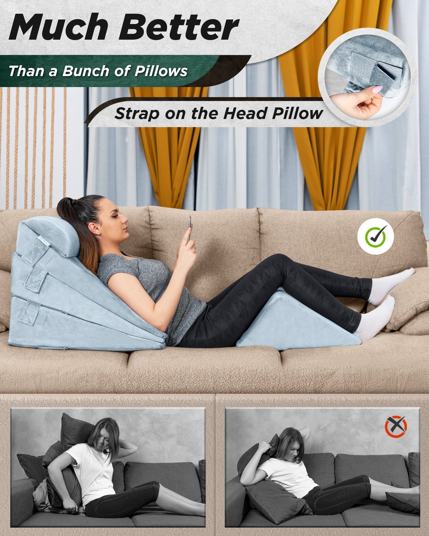LX11 5-Piece Support for Abdominal Recovery & Lower Back Rest, Wedge Pillow Set, Cloud Gray