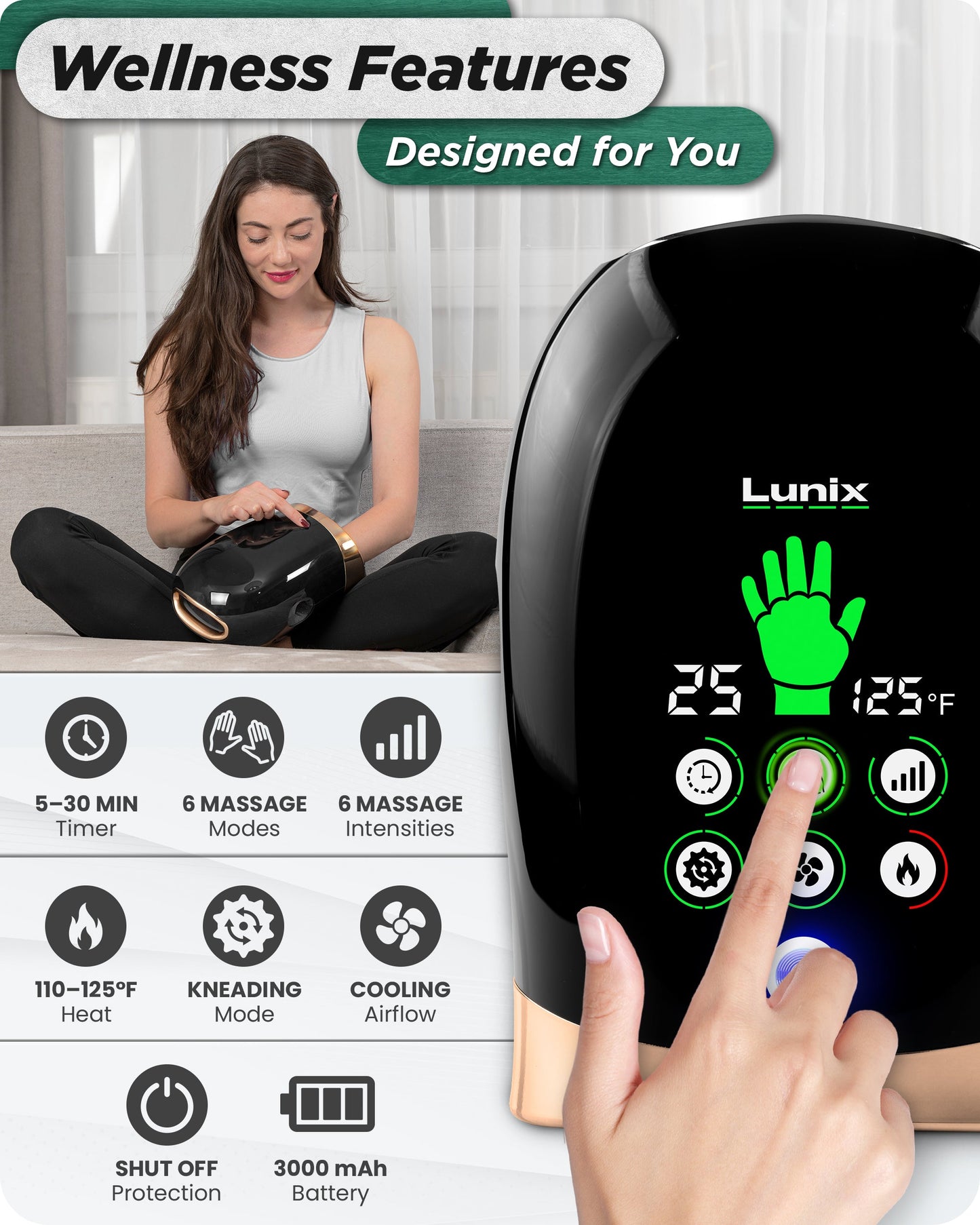 LX30 Rolling Hand Massager, Kneading + Compression, Heat + Cooling Fan, Charcoal Black