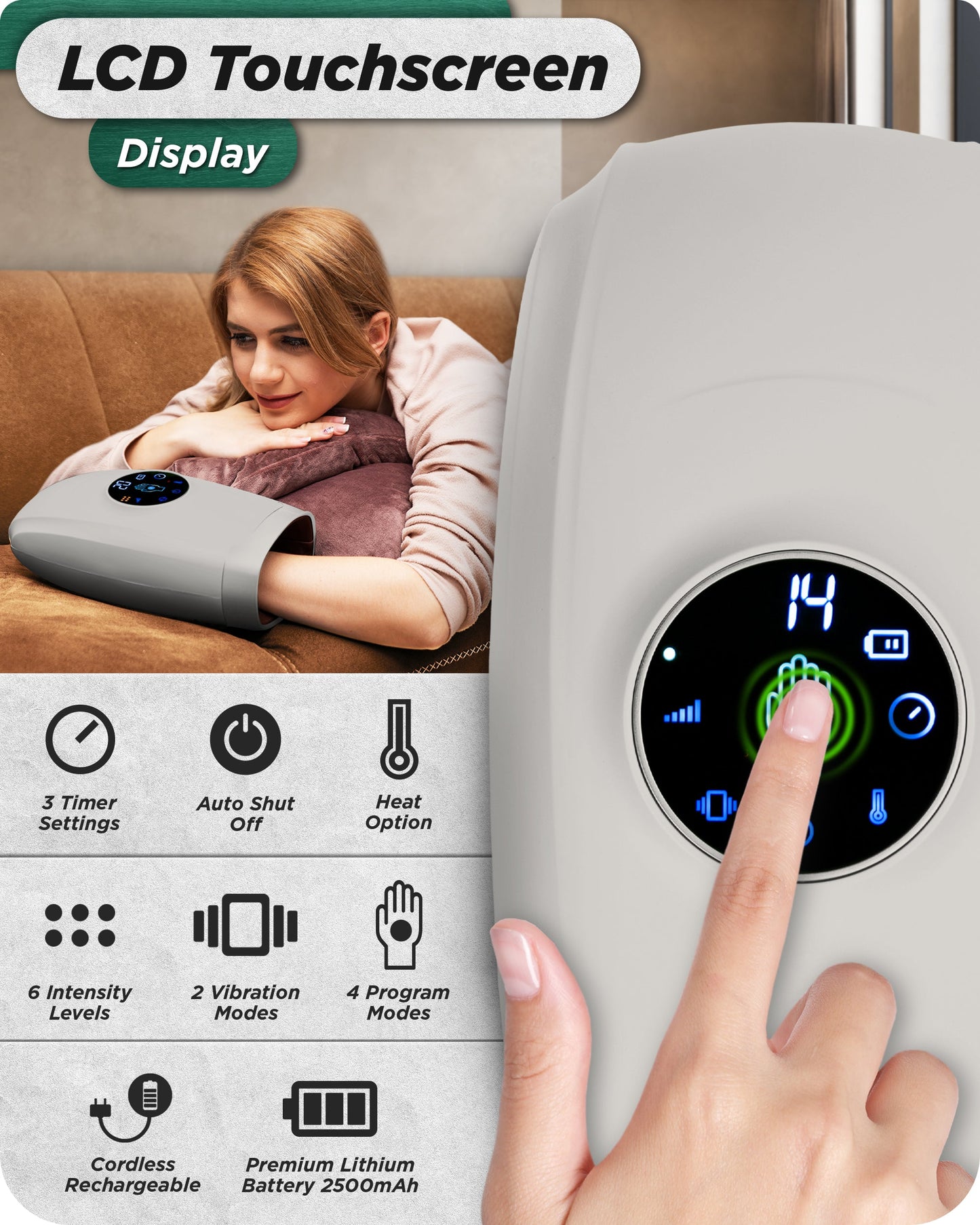 LX7 LCD Touchscreen Hand Massager, Heated Air Compression, Cloud Gray