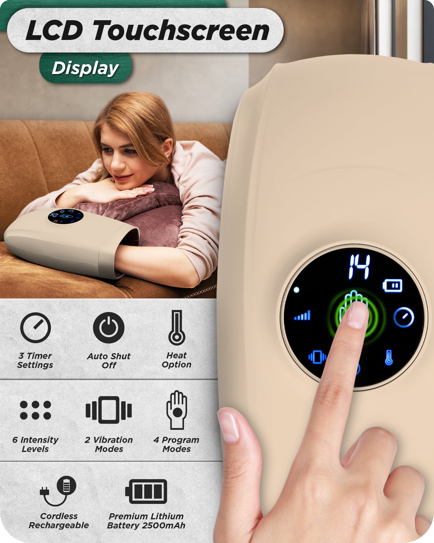 LX7 LCD Touchscreen Hand Massager, Heated Air Compression, Sand Beige