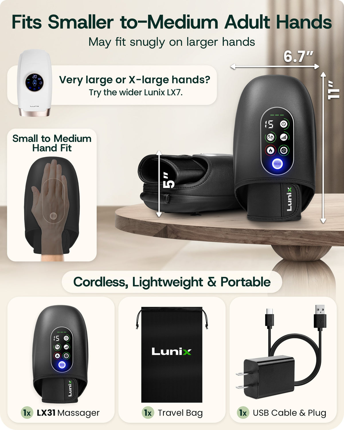 LX31 Rolling Hand Massager, Heat, Compression + Kneading, Smart Memory, Charcoal Black
