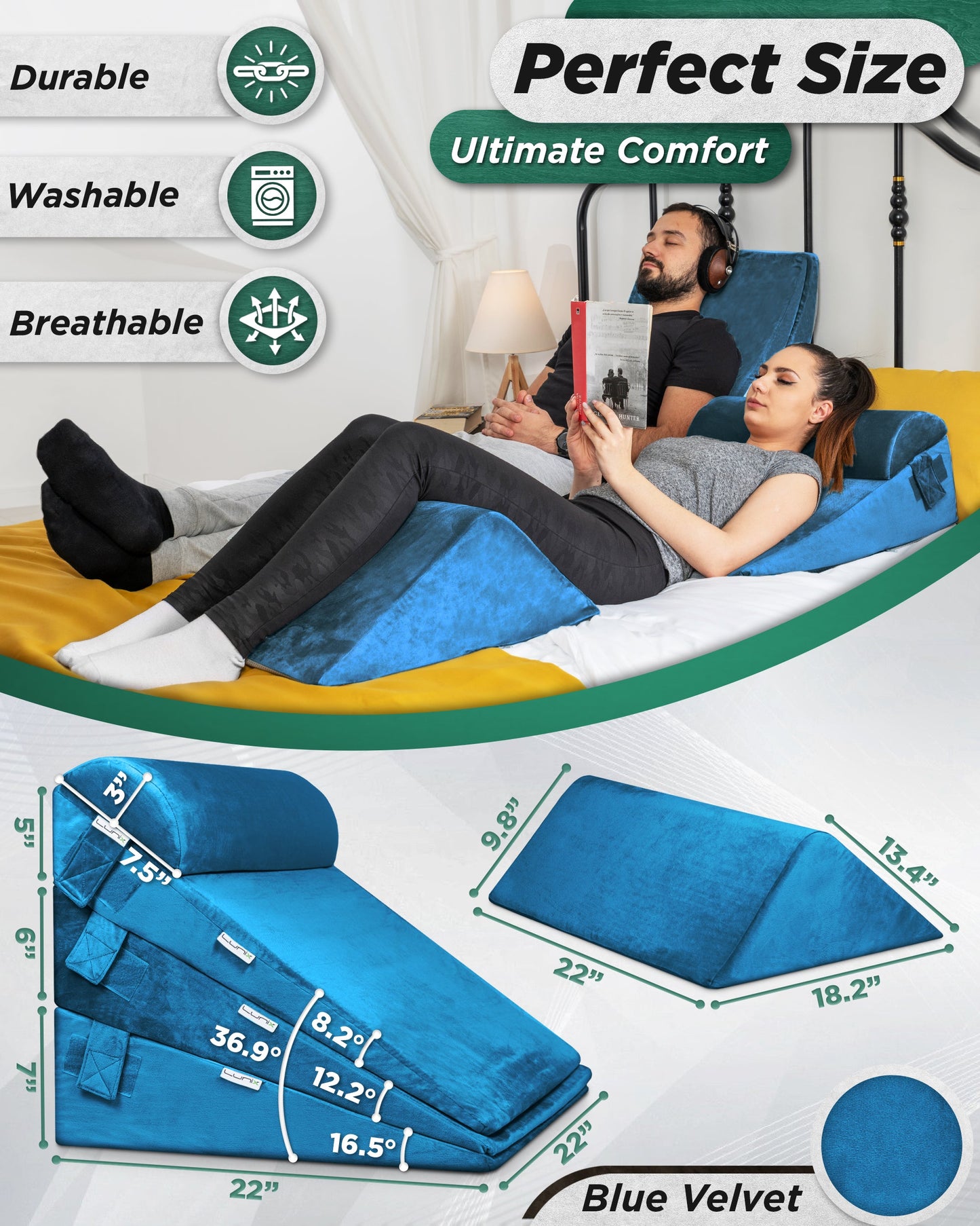 LX11 5-Piece Support for Abdominal Recovery & Lower Back Rest, Wedge Pillow Set, Ocean Blue