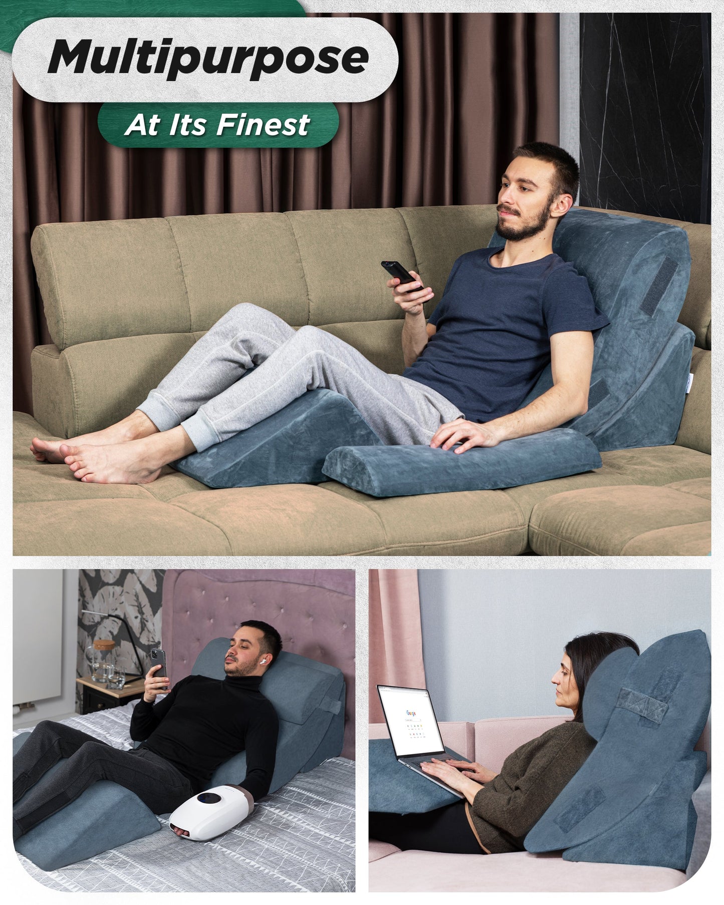 LX5 4-Piece Support for Shoulder & Upper Body Rest, Orthopedic Bed Wedge Pillow Set, Stone Navy