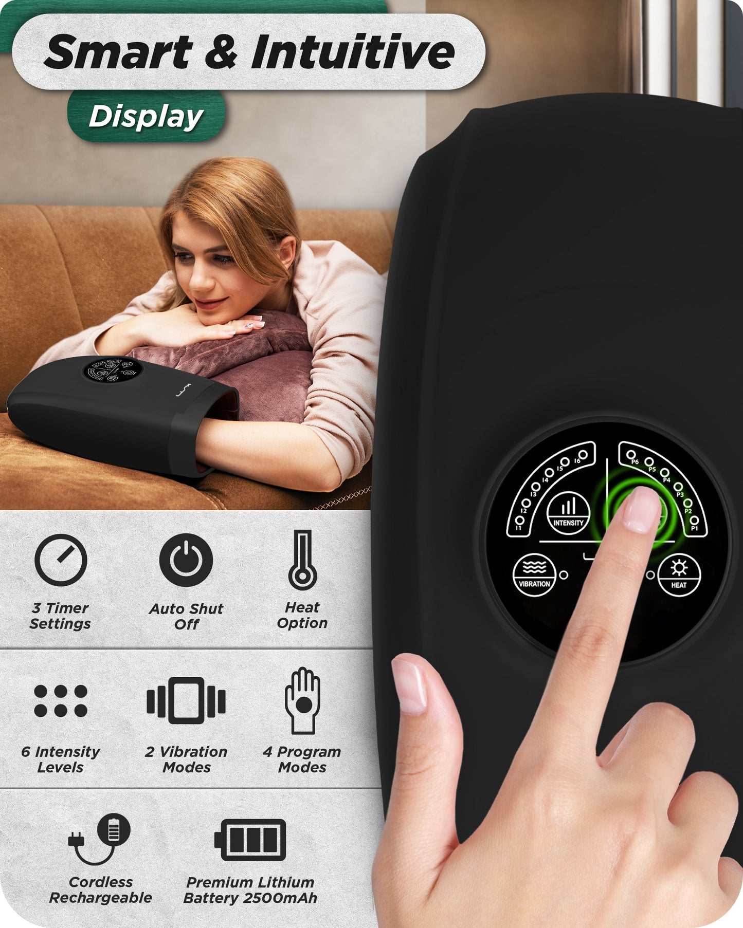 LX3 Carpal Tunnel & Wrist Pain Relief Device, Heated Air Compression Hand Massager, Charcoal Black