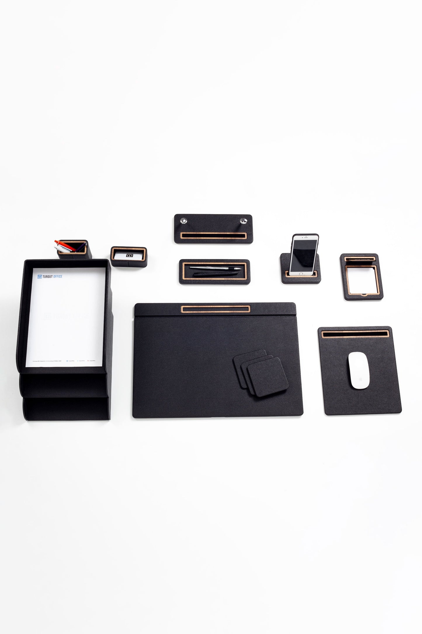 Pera Leather Desk Set 12 Pieces Covered Model With Three Document Shelves