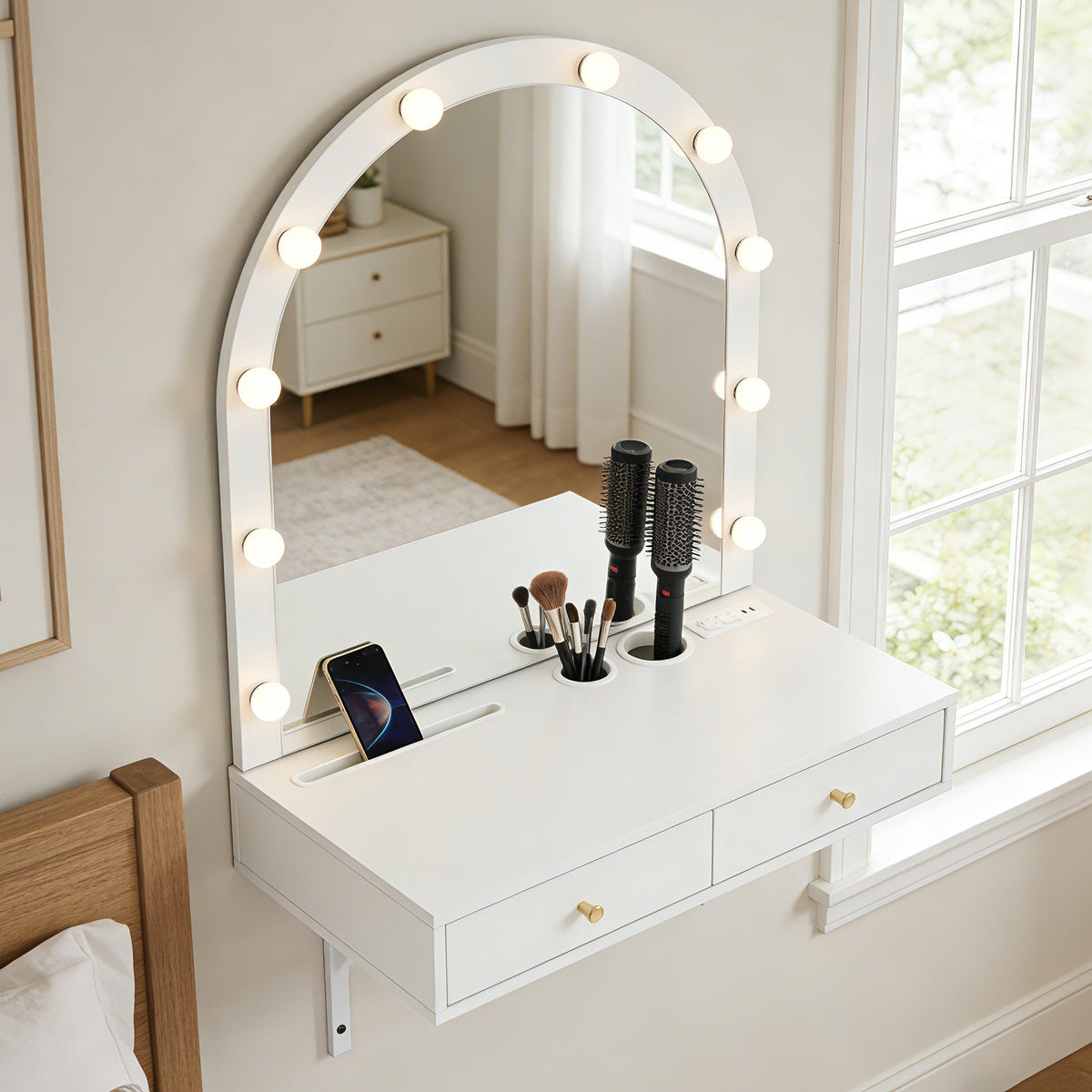 Floating Makeup Vanity Desk with Mirror & 3-Color Lights