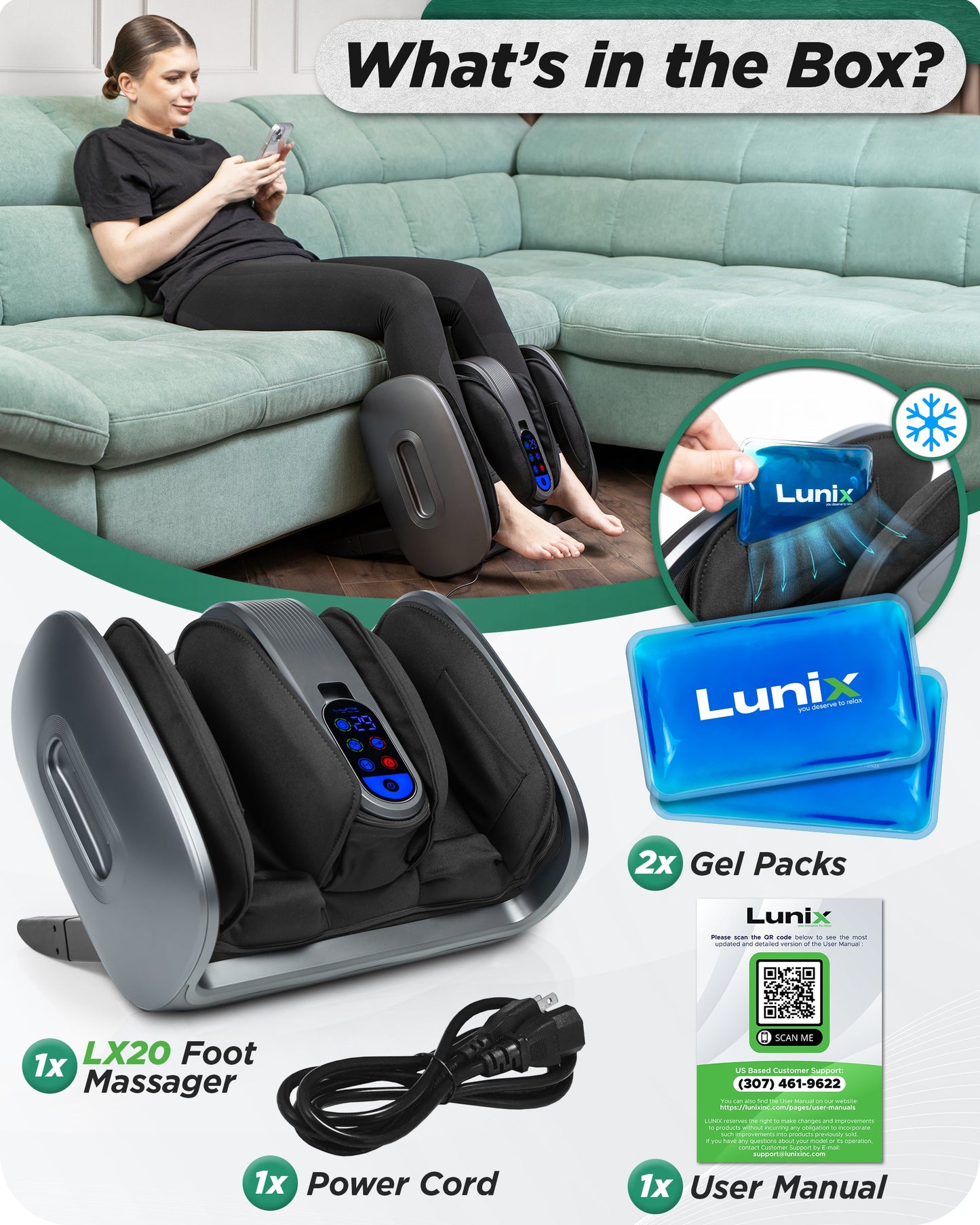 LX21 Foot and Calf Massager with Remote, Neuropathy & Plantar Fasciitis Relief, Granite Gray