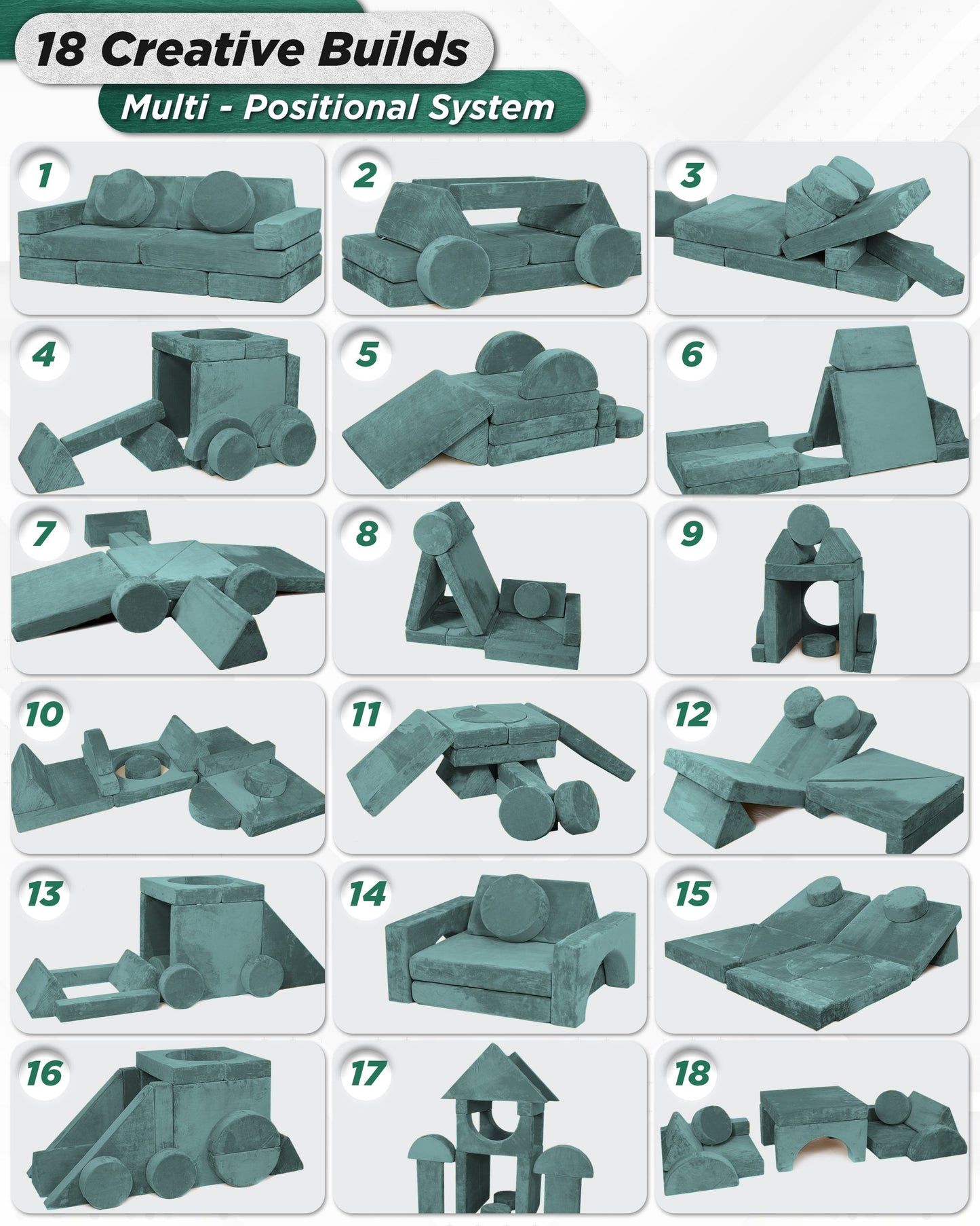 LX15 14pcs Modular Play Couch, Sage Teal