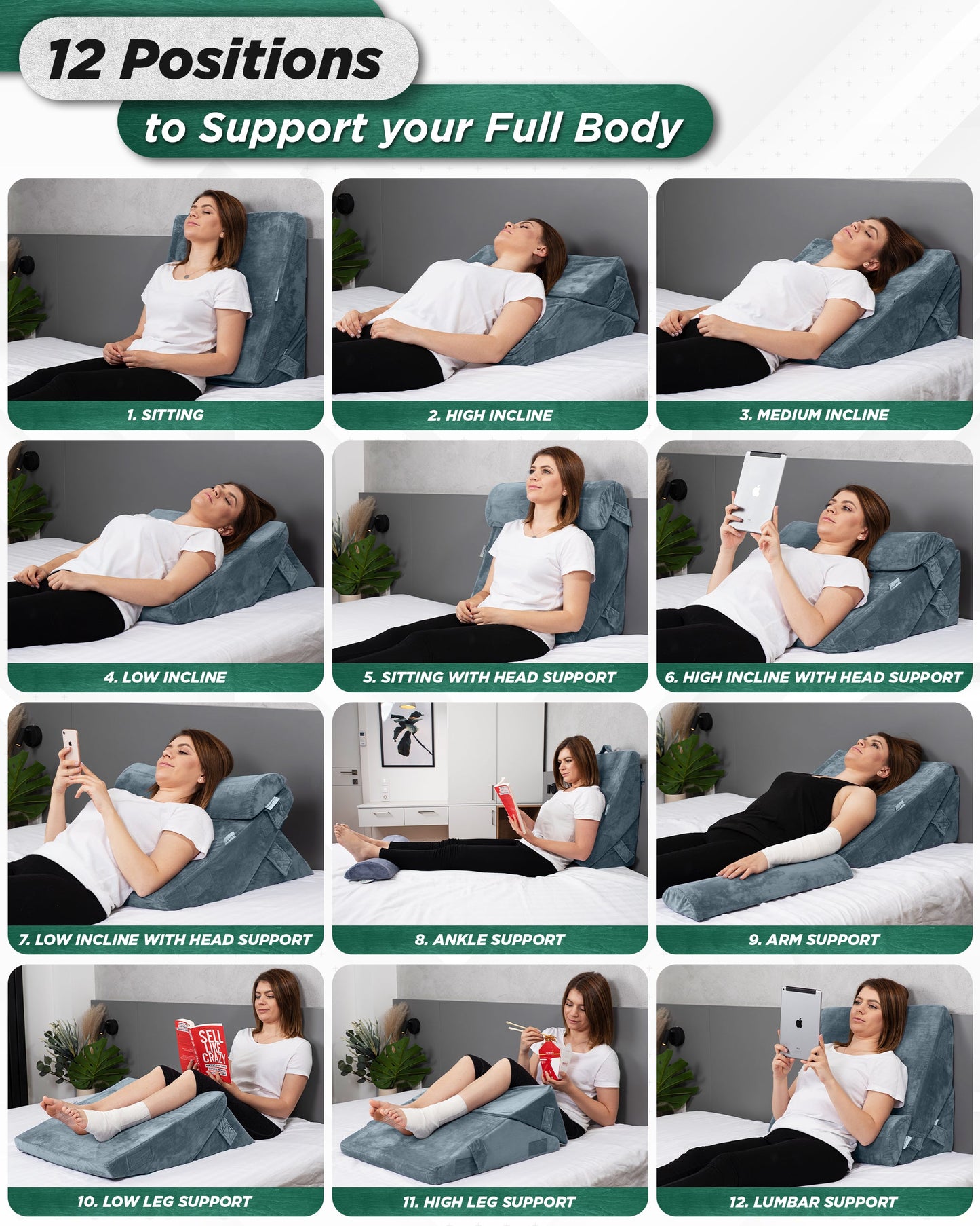 LX6 3-Piece Compact Support for Reading, Rest & Leg Elevation, Wedge Pillow Set, Stone Navy