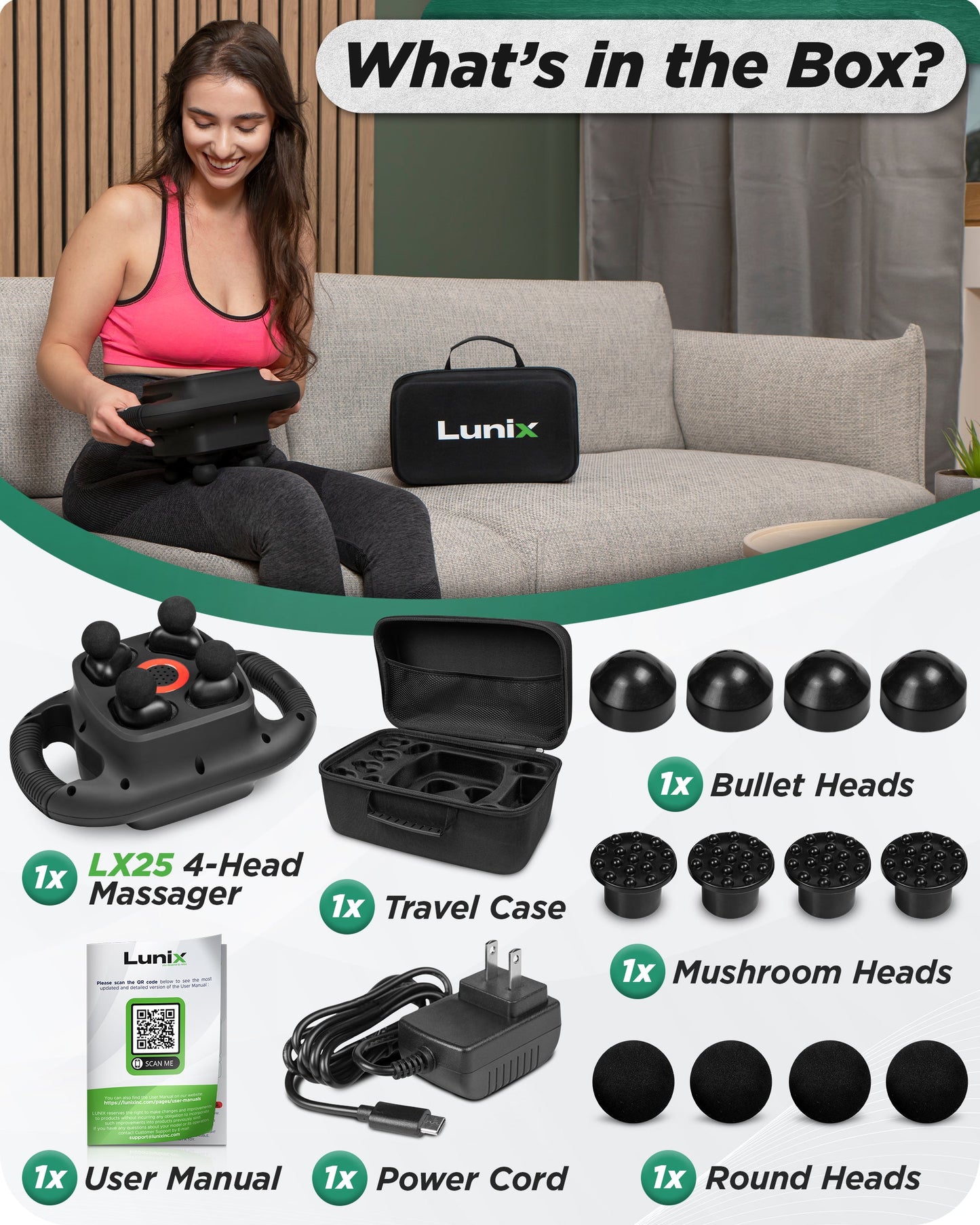 LX25 4 Head Percussion Massager with Infrared Light, Charcoal Black